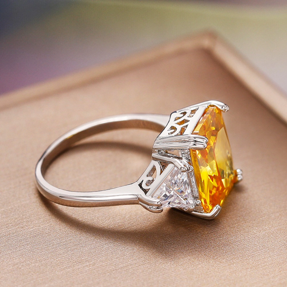 Wardrobe Whimsy Radiant Cut Yellow Cubic Zirconia Three Stone Statement Ring Elegant Fashion Jewelry