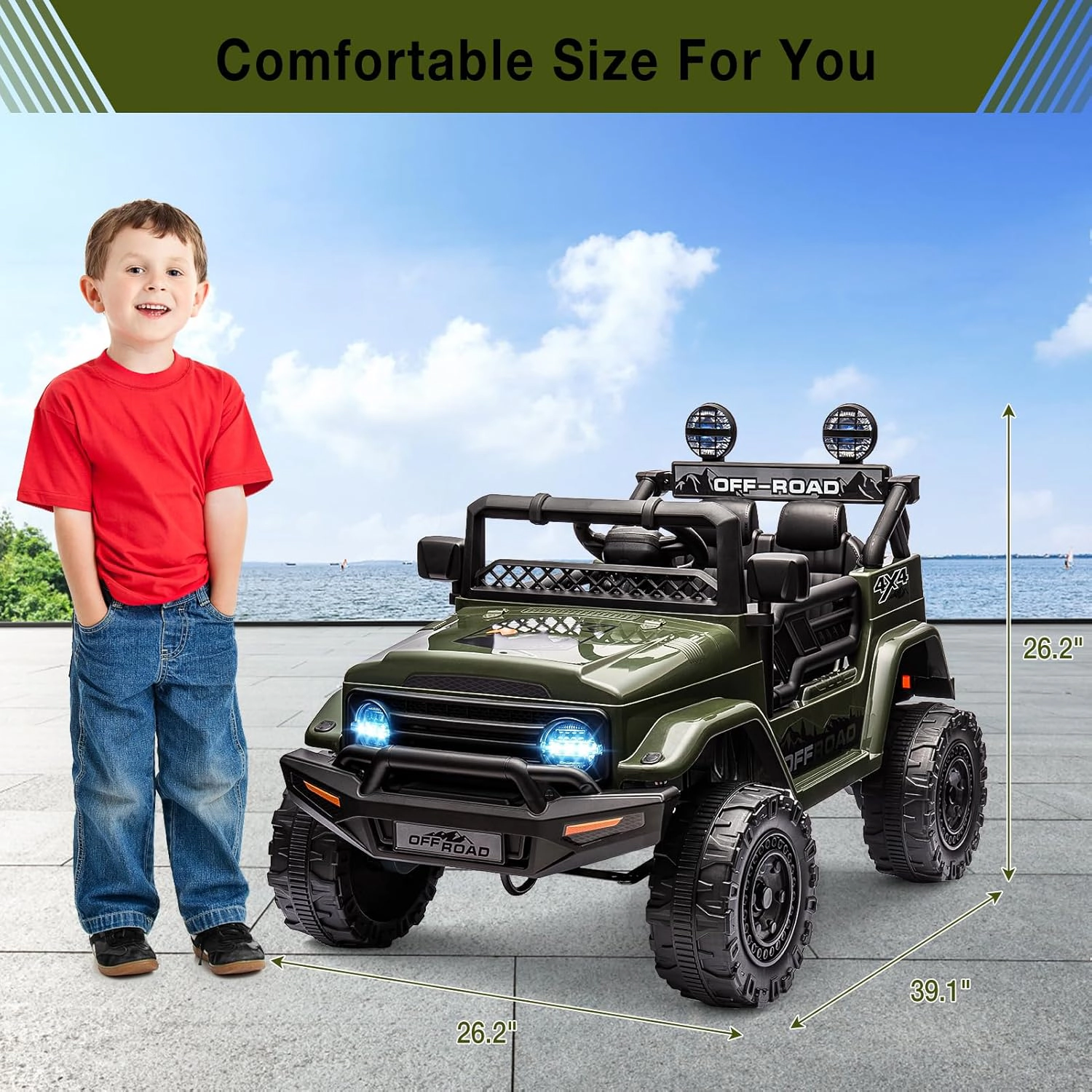 Enjyam 12V 2-Seater Kids Ride On Truck, Electric Car w/Parent Remote, LED Lights, Music, Off-Road Toy for Age 3-8