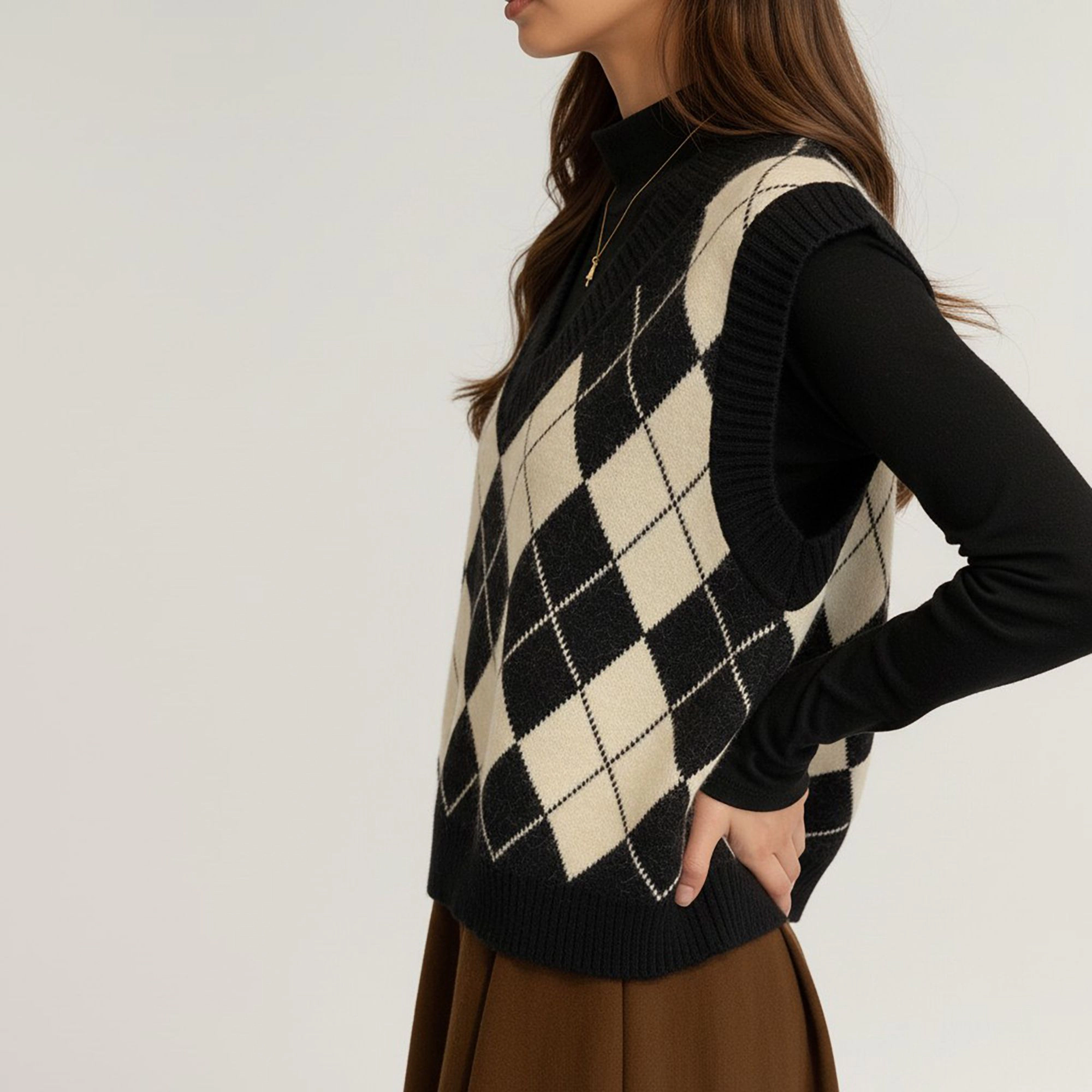 Anna-Kaci Women's Argyle Knit Sweater Vest with V Neck Sleeveless Design and Ribbed Hem