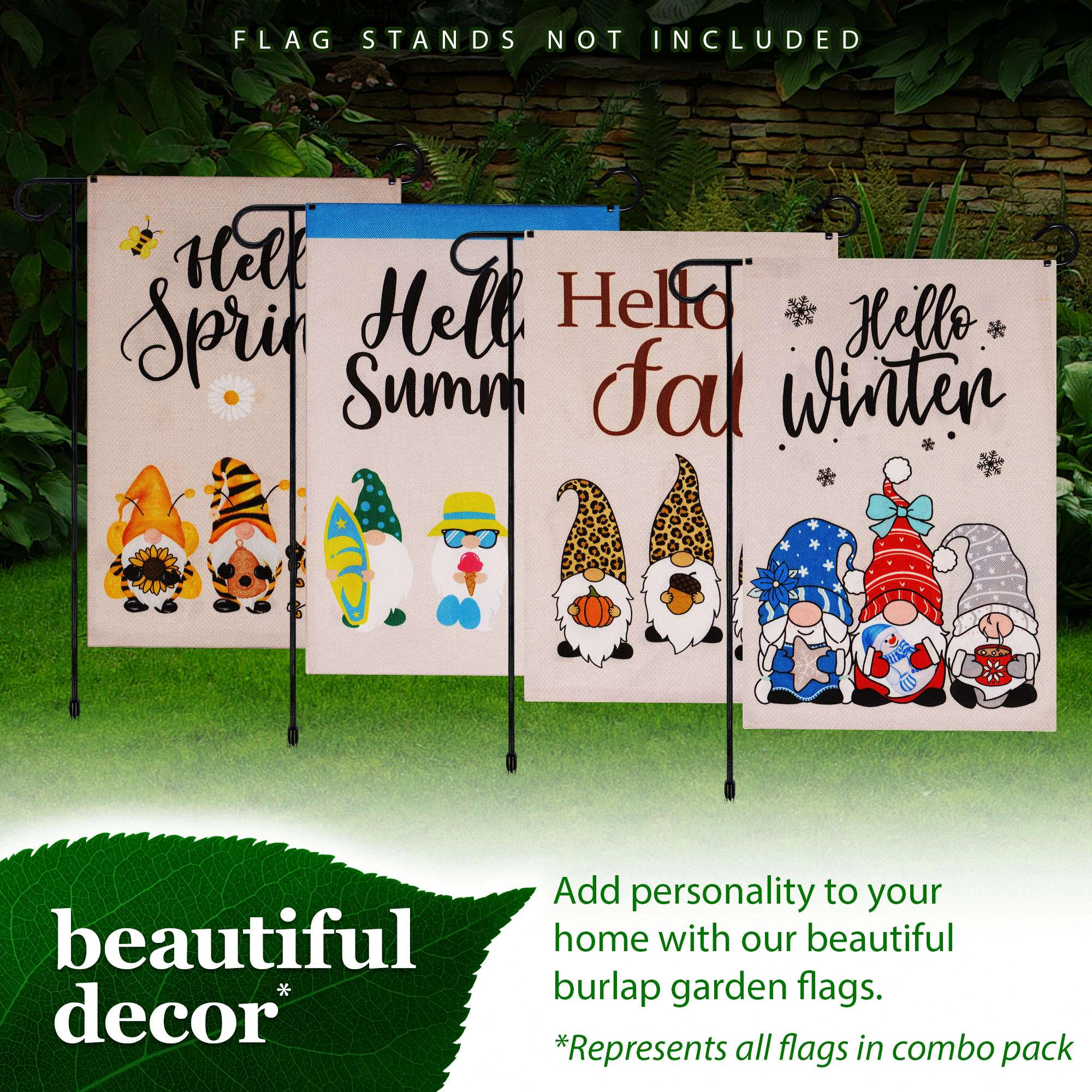 G128 Rustic Burlap Garden Flag Set 4-Pack - Double-Sided 12x18 Inch Seasonal Gnome Designs