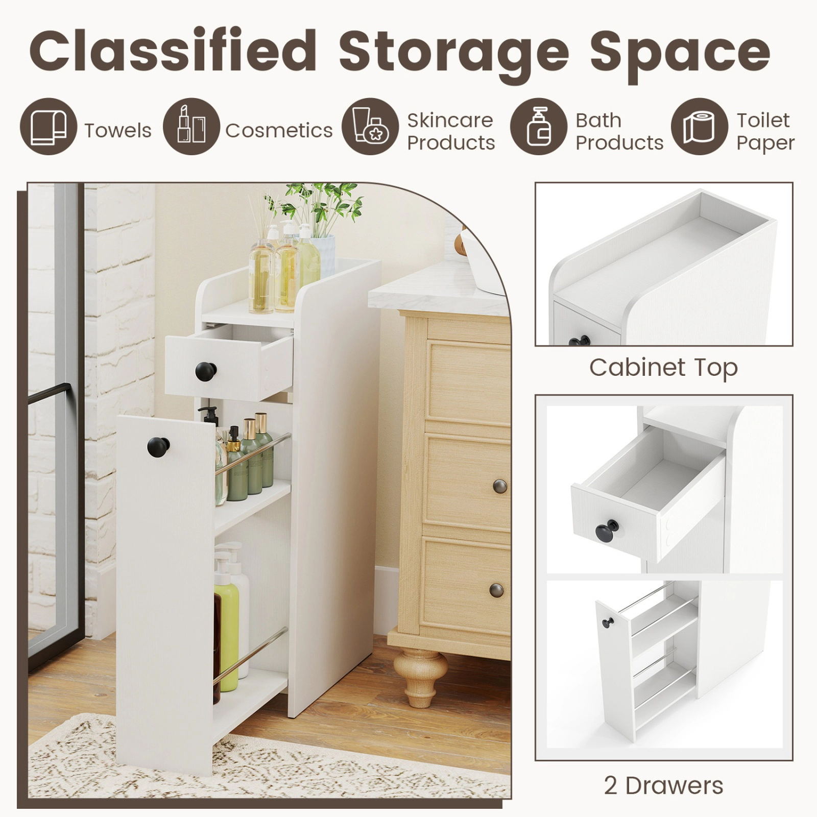 SUGIFT 4-Tier Slide Out Drawers Casters Narrow Bathroom Storage Cabinet 16-in x 7-in x 27.5-in 66-lb Capacity White