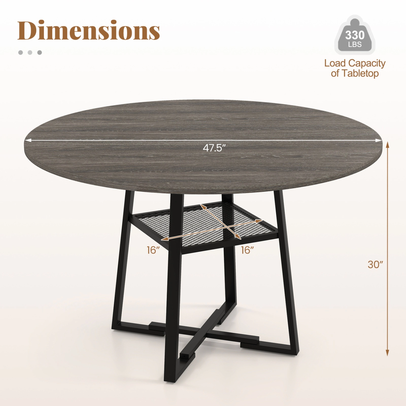 SUGIFT 47.5-in Round Dining Table for 4-6 with Storage Shelf 330-lb Tabletop Capacity Rustic Brown and Black Gray