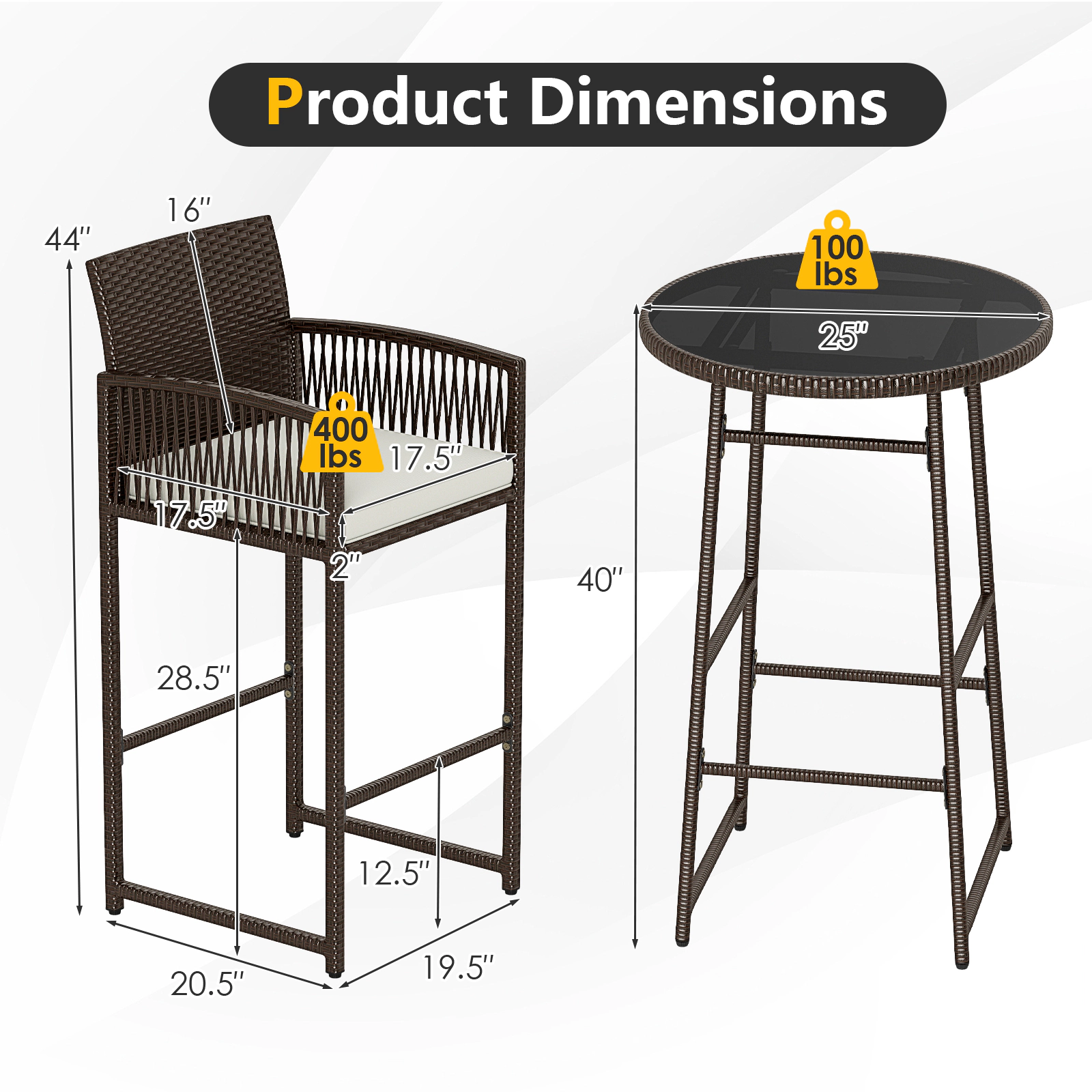 SUGIFT Patio Bar Set with Bar-Height Table and Armchairs 400-lb Chair Capacity Mix Brown Rattan Off White Cushions