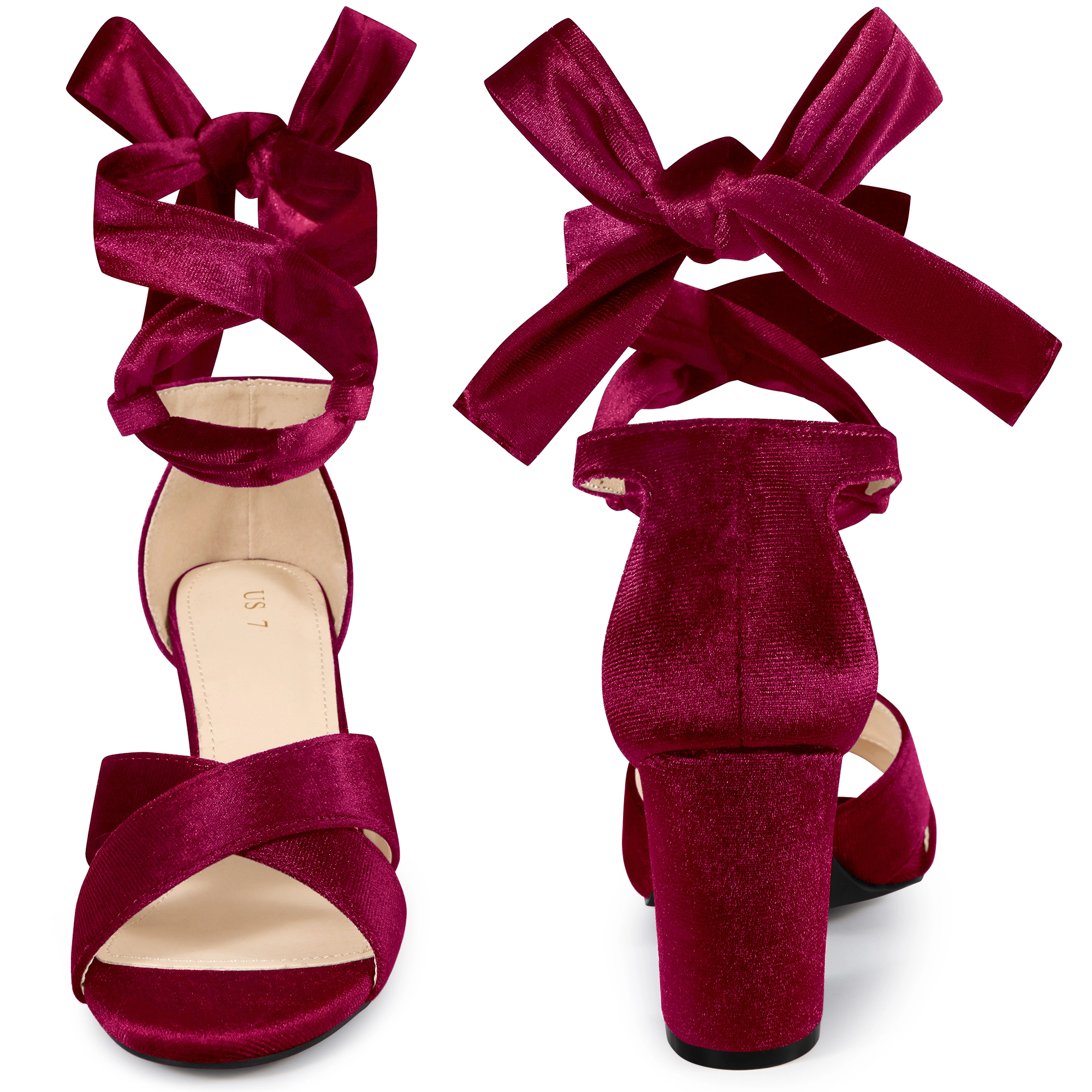 BLISSFUL STEP Women's Velvet Crisscross Strap Lace Up Open Toe Chunky Heel Sandals