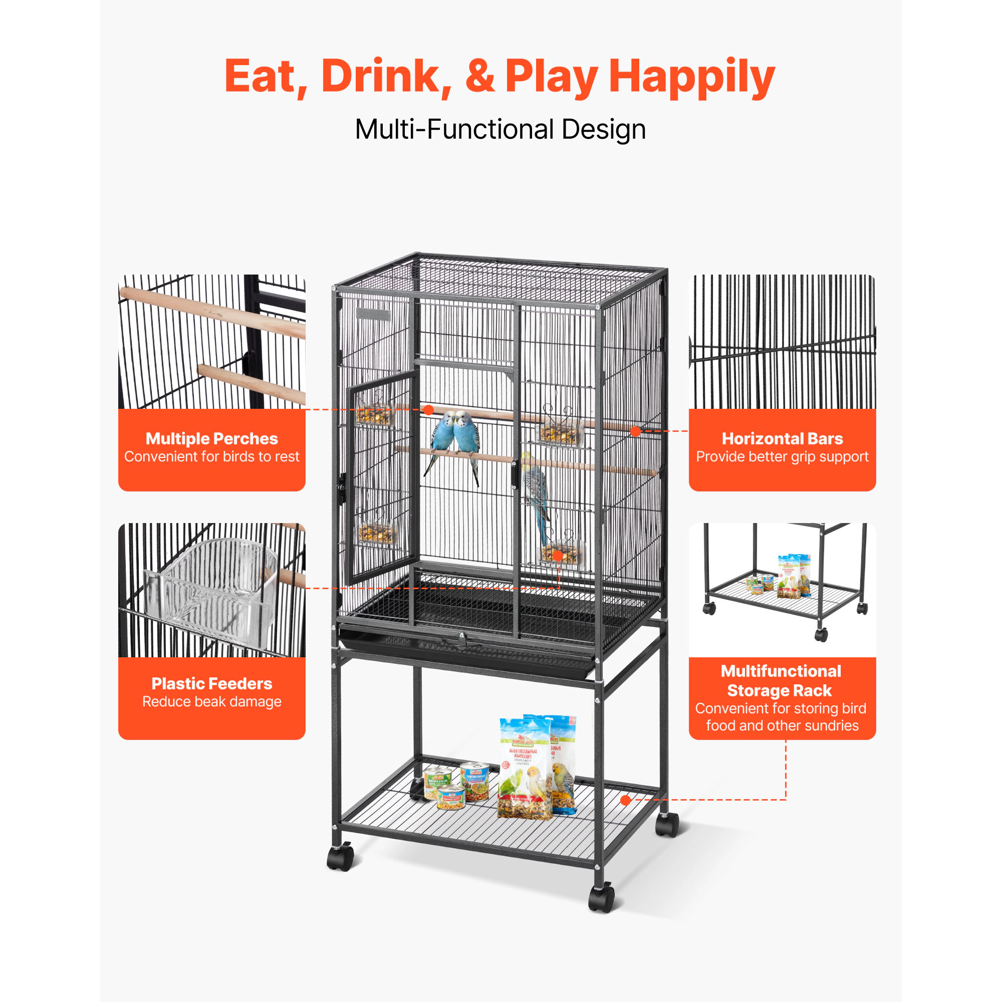 HONGGE Wrought Iron Flat-Top Bird Flight Cage with Casters, 24.6 x 16.7 x 53.9 in, Holds 3-4 Small-Medium Birds