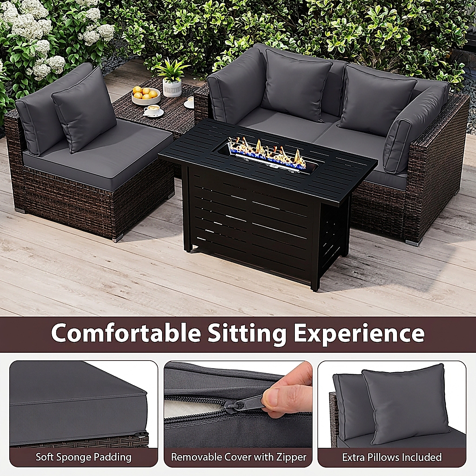 SUGIFT Heavy-duty Frame Rattan Conversation Sofa Set with 60000 BTU Firepit Table 400-lb Capacity Mix Brown Rattan Gray