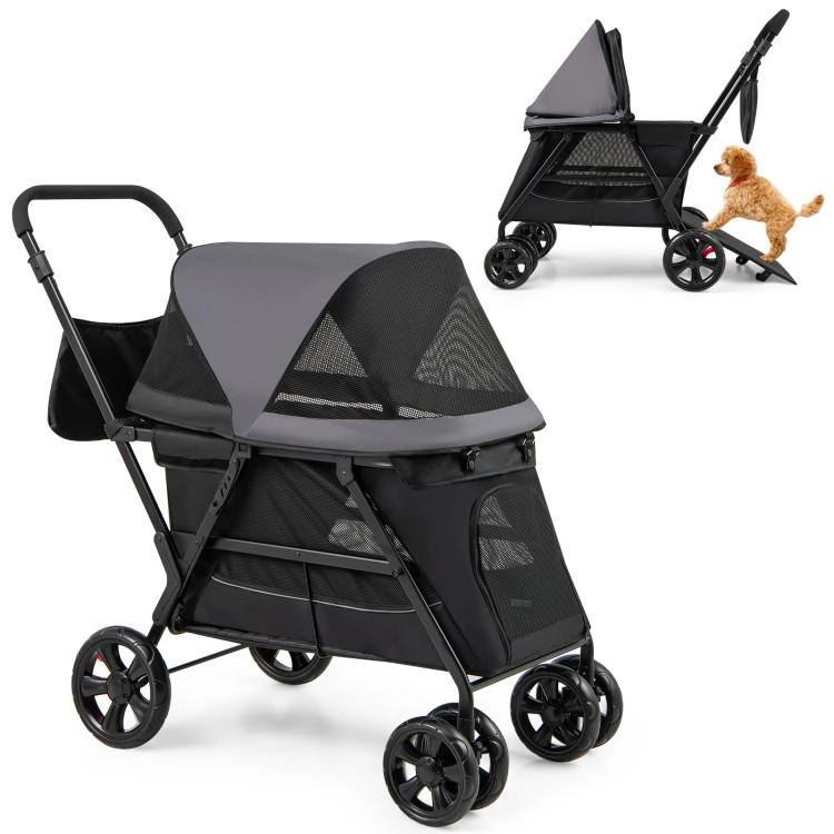 SUGIFT 44 x 40-in 66-lb Capacity Black Foldable Dog Stroller with Detachable Ramp Door and Shock-Absorbing Wheels
