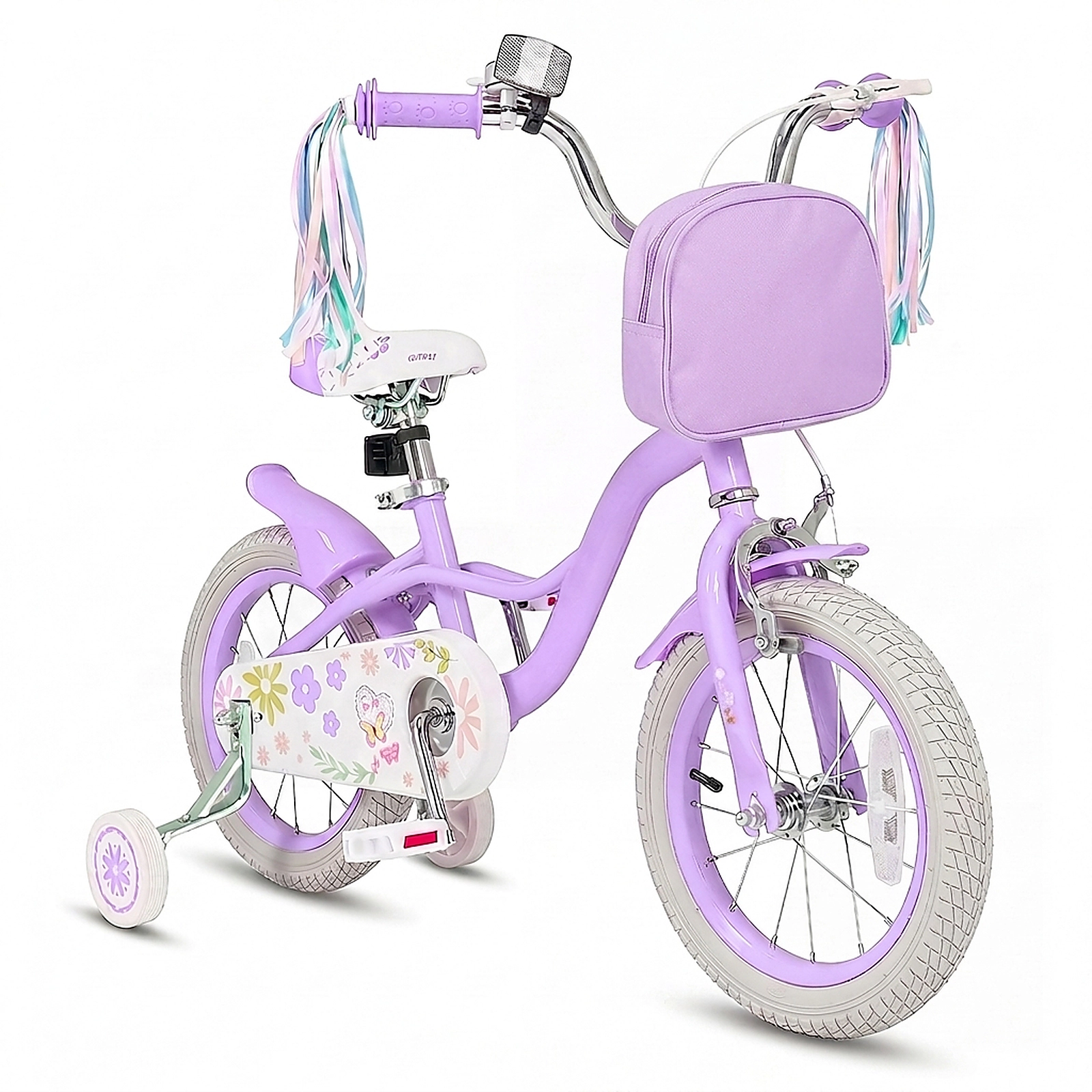 SUGIFT Purple Training Wheels Front Bag and Streamers Girls Bike