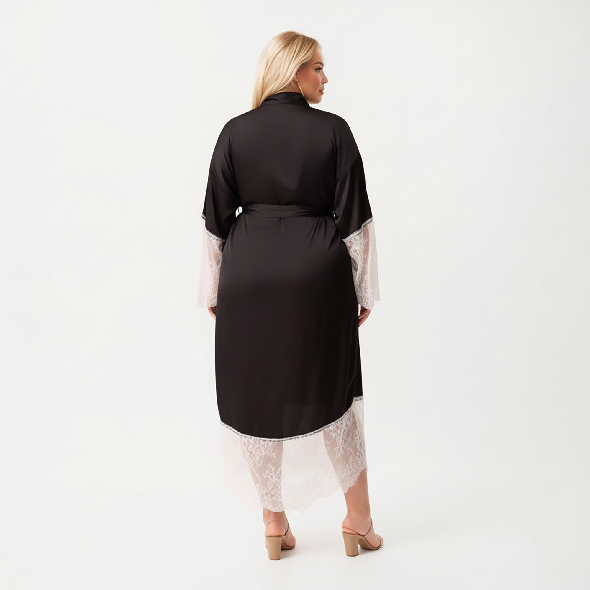 Anna-Kaci Women's Plus Long Robe with Sheer Lace Hem and Sleeve Detailing Soft Flowing Fabric