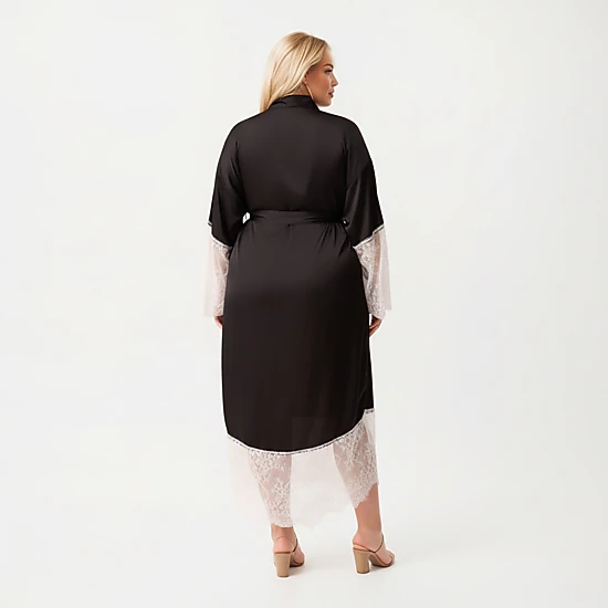 Anna-Kaci Women's Plus Size Long Robe with Sheer Lace Hem and Sleeve Detailing and Soft Flowing Fabric