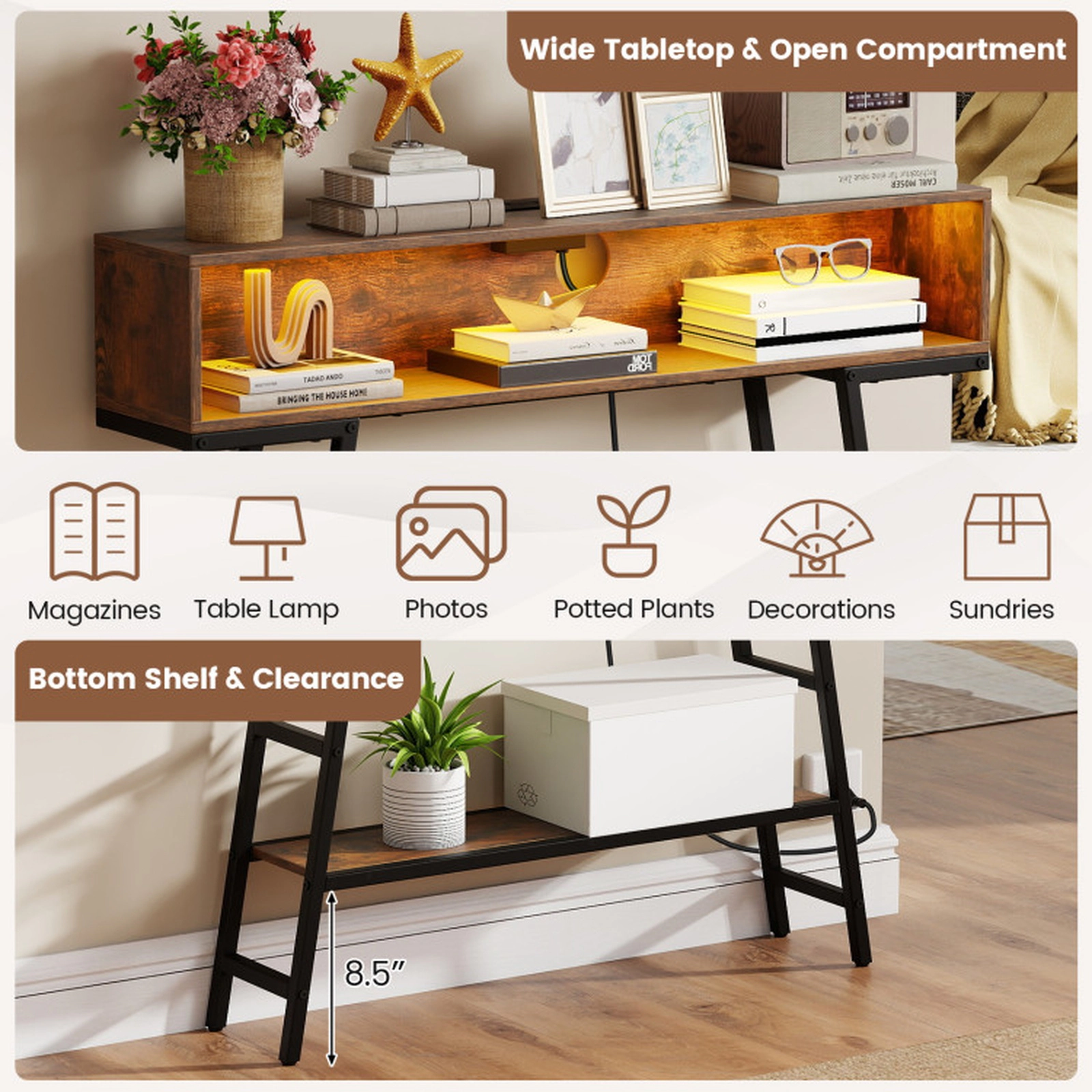 SUGIFT Engineered Wood Metal Frame RGB LED USB C Charging Console Table In Rustic Brown
