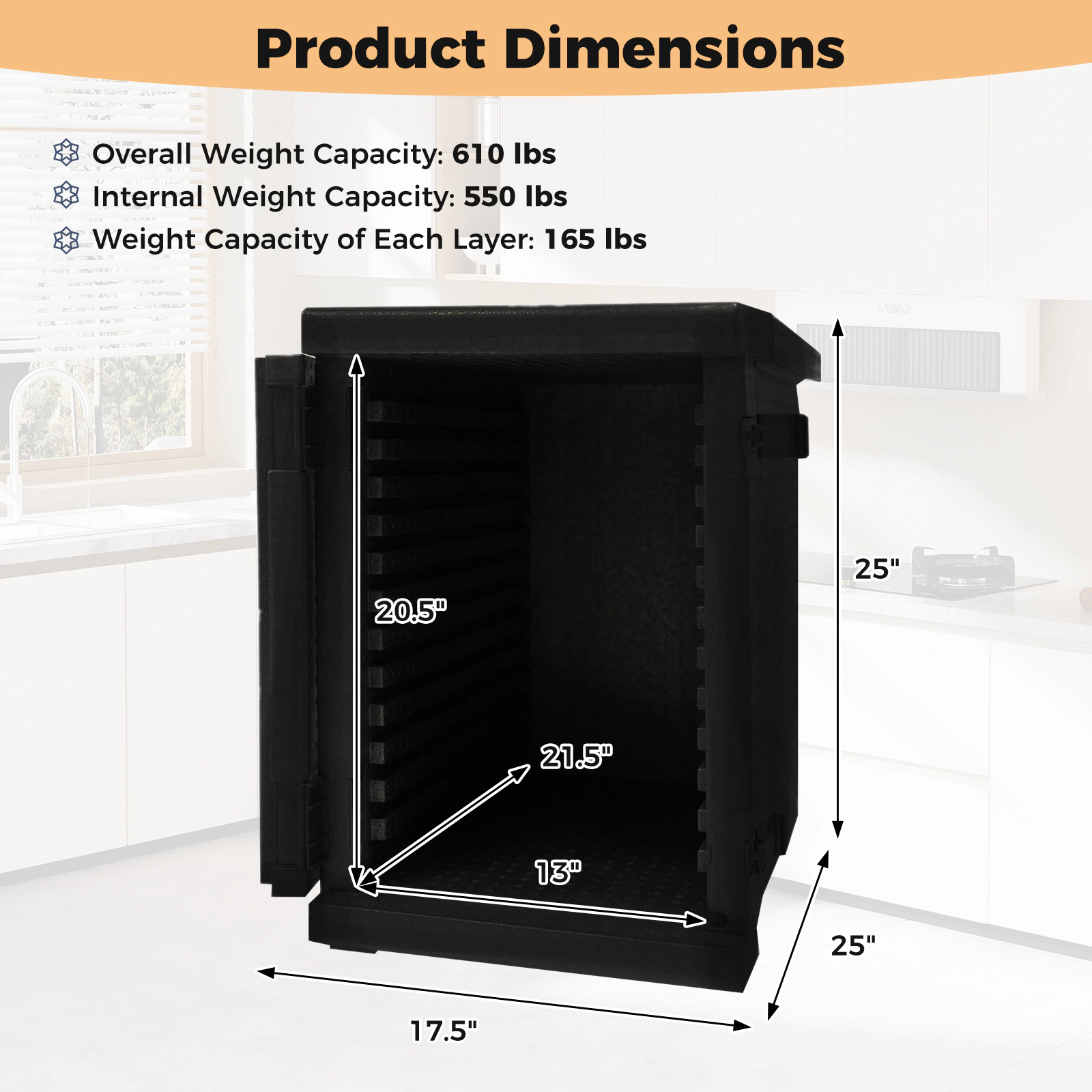 SUGIFT 91-Qt Front Loading 12 Shelf Dividers Insulated Food Pan Carrier 25-in x 17.5-in x 24-in 550-lb Capacity Black