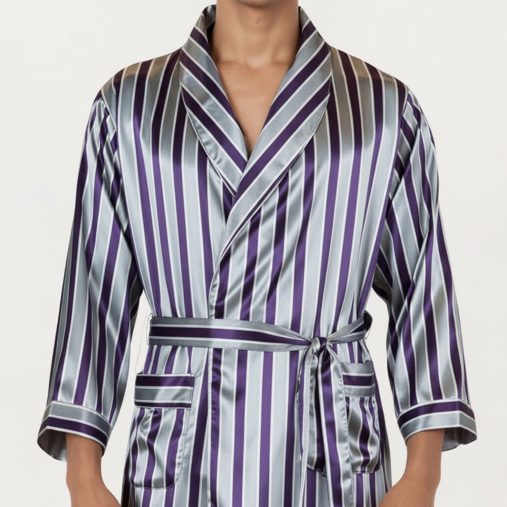 Anna-Kaci Men's Satin Robe with Shawl Collar Waist Tie and Front Pockets