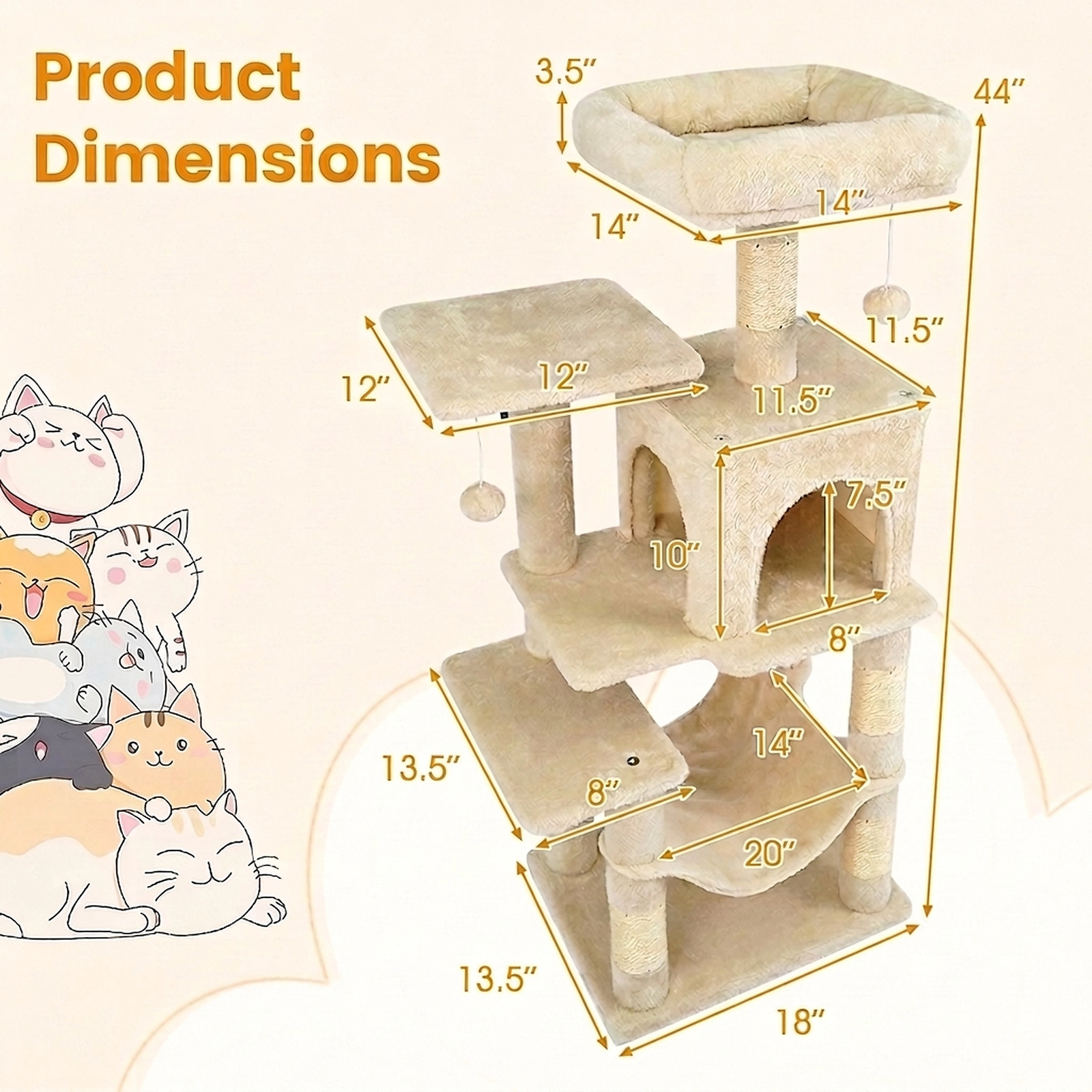 SUGIFT 44-in Beige Narrow Cat Tree Tower with 2-Door Condo Plush Hammock and Padded Top Perch for Small Spaces