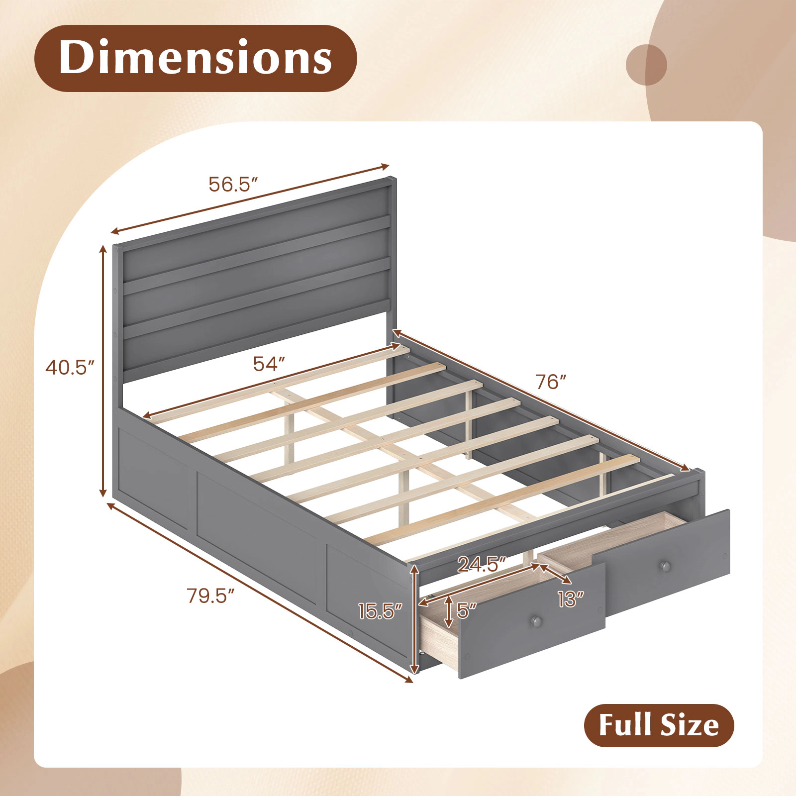 LJG Full Wooden Platform Bed Frame with Storage Drawers
