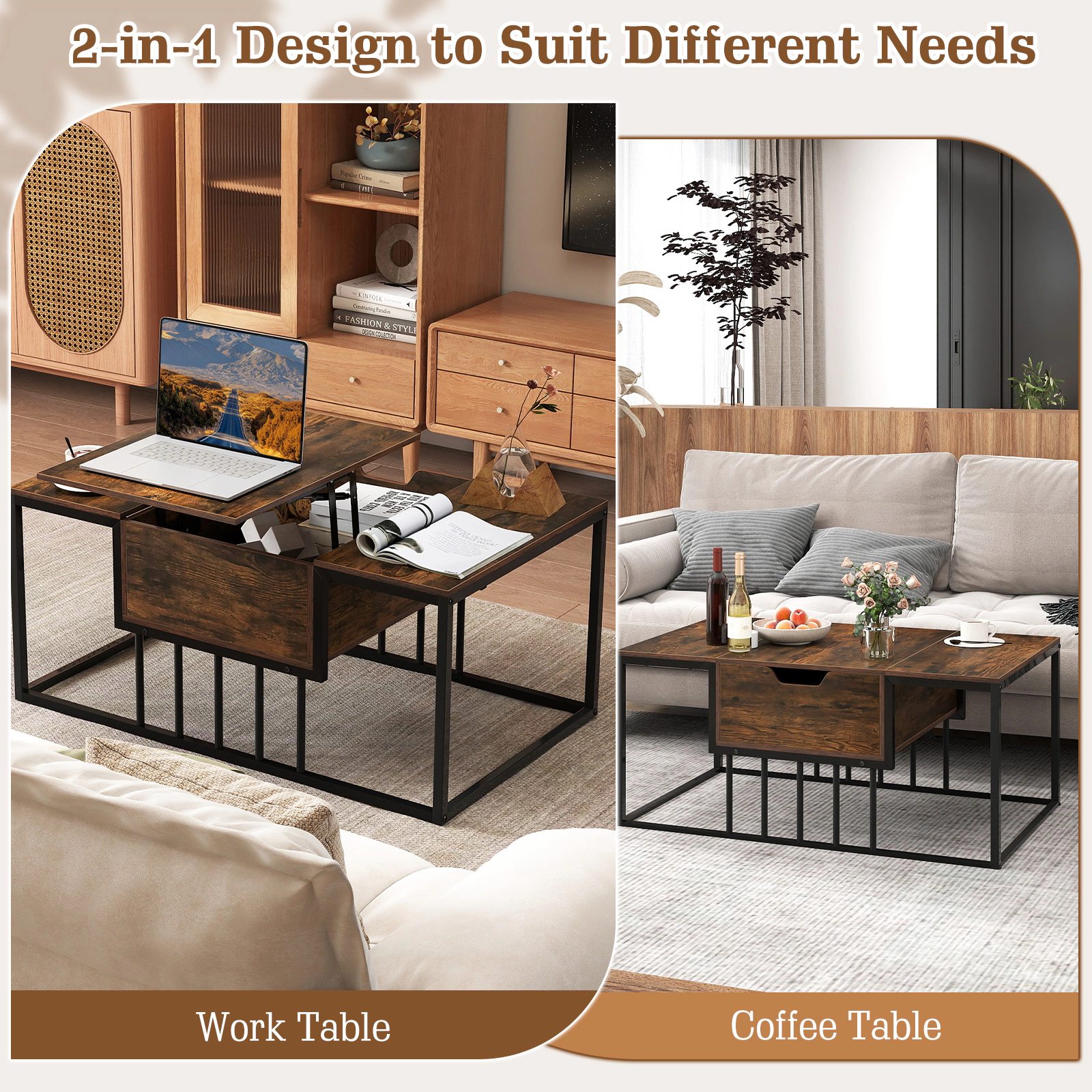 Glintex 39.5-Inch Lift-Top Coffee Table with Gas Struts and Hidden Storage