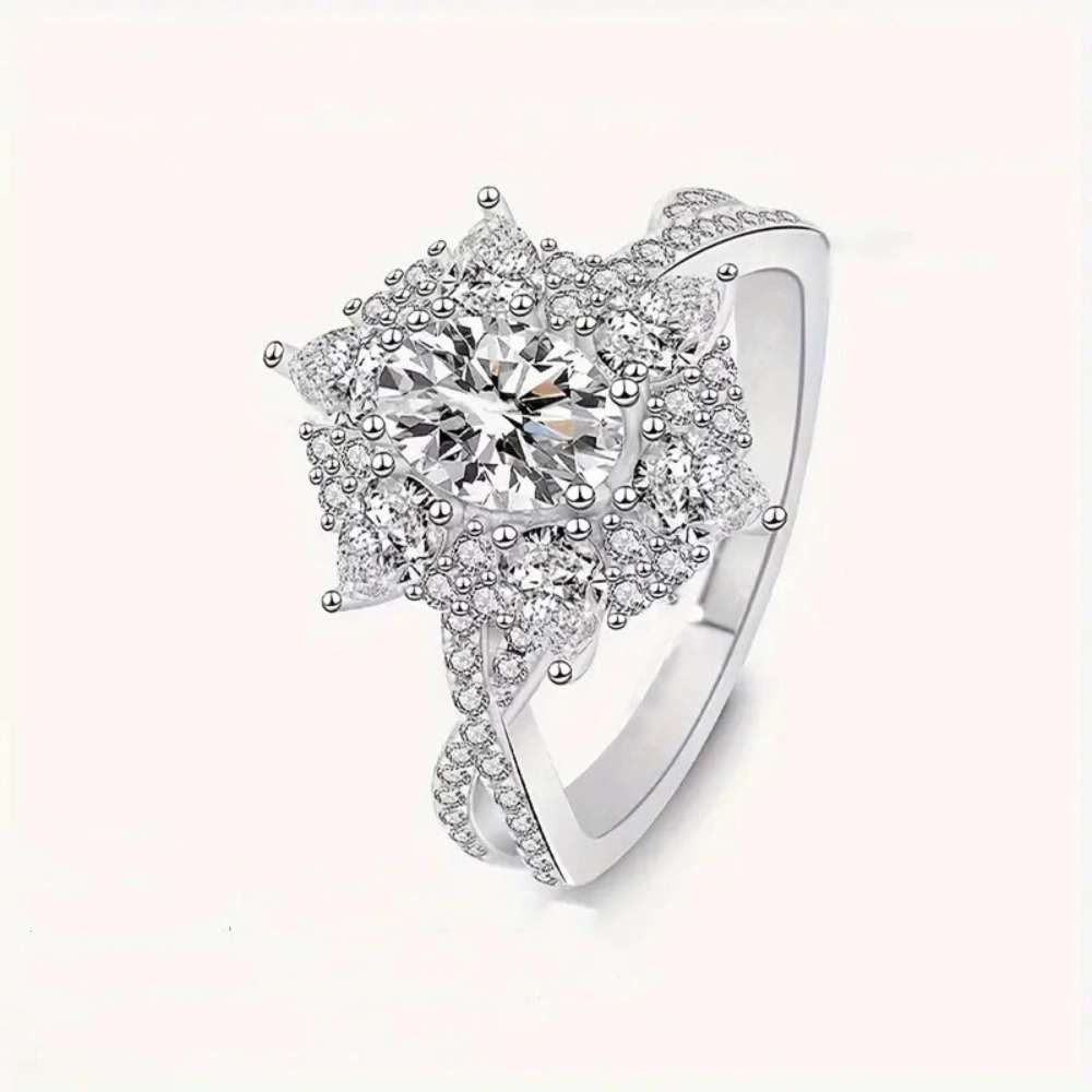 Sparkling Flower Shaped Ring with Cubic Zirconia for Women Bridal Wedding Band Jewelry