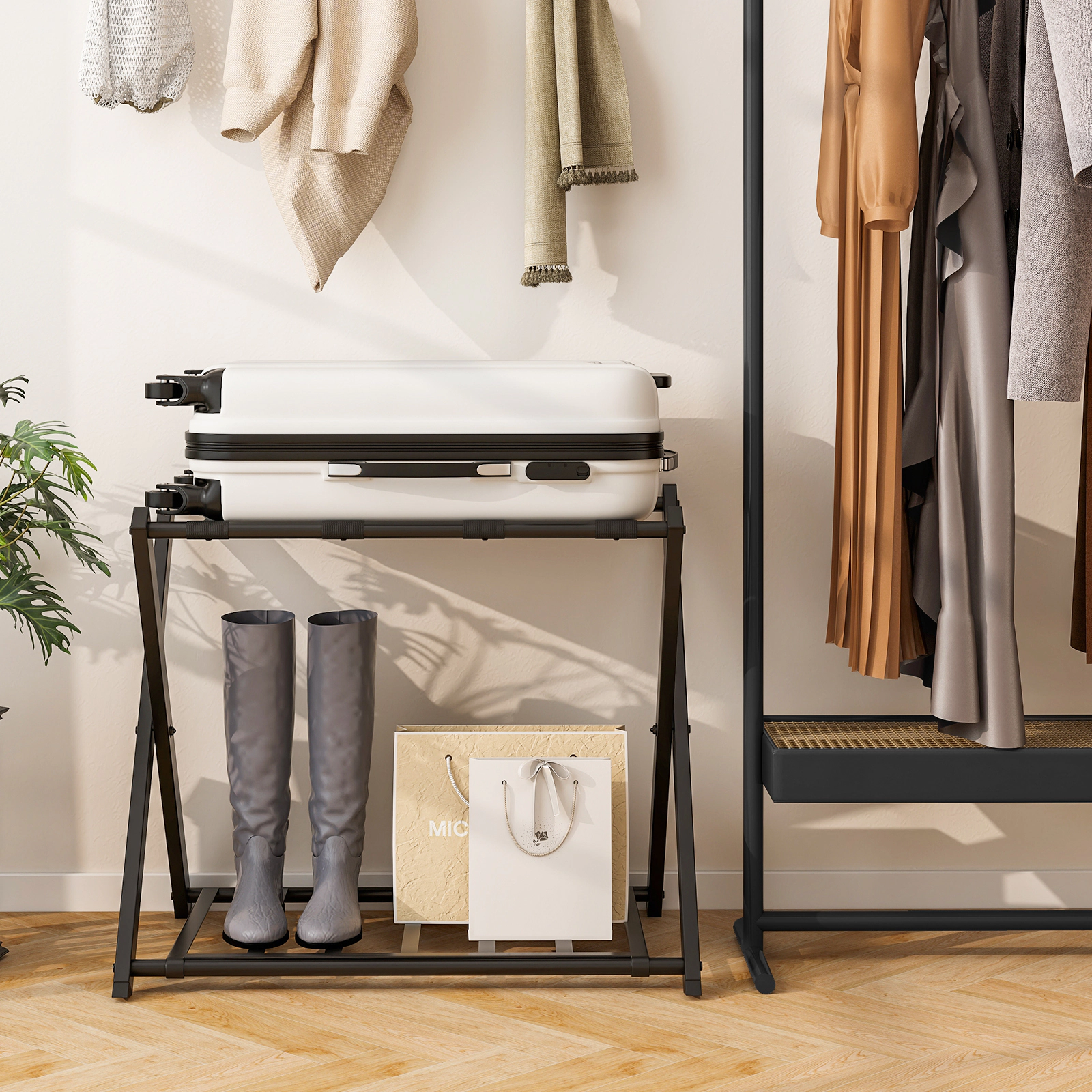 SlickBlue Set of 2 Tier Folding Suitcase Stand with Removable Shelf