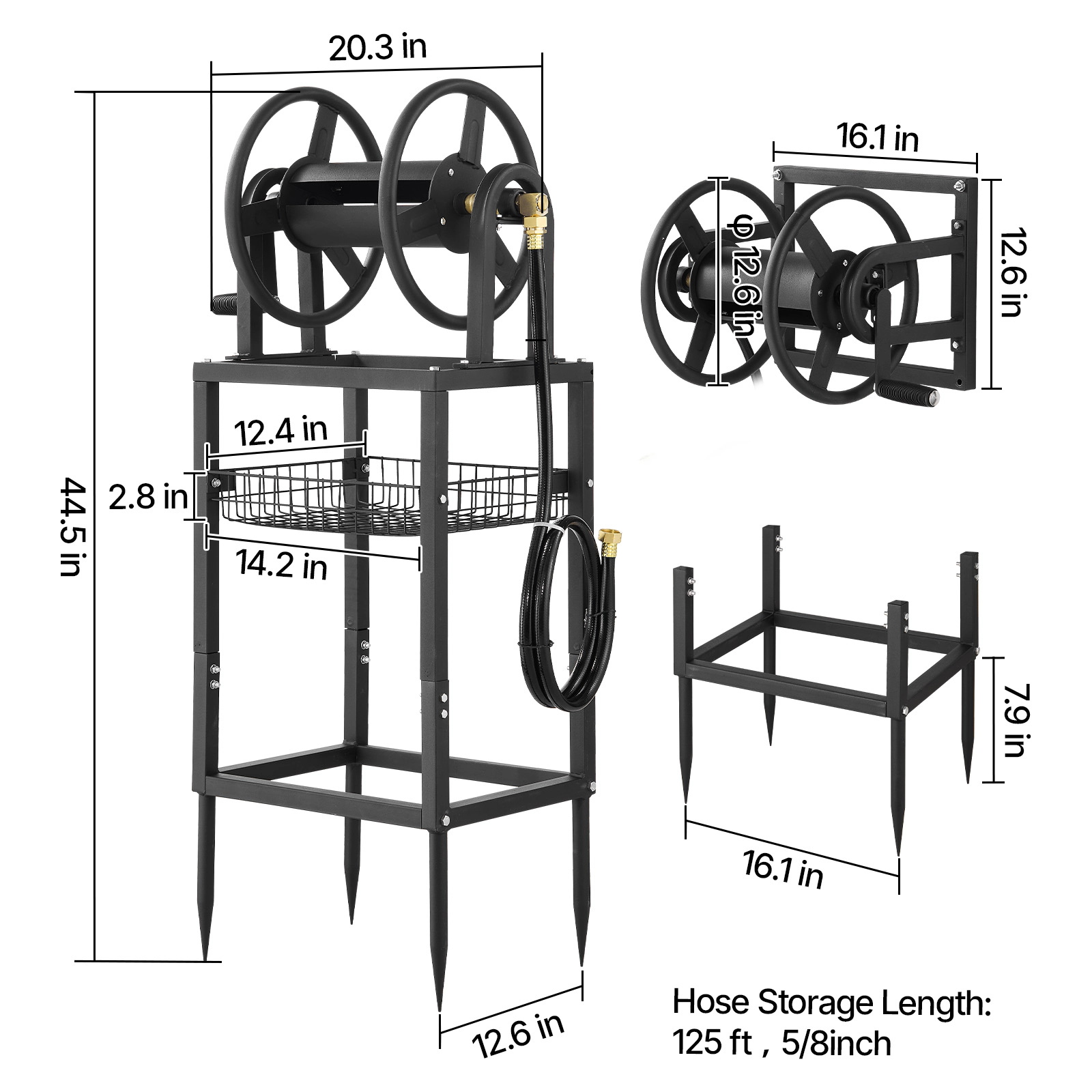 HONGGE Freestanding Garden Hose Reel, Holds 125 ft of 5/8-inch Hose, Wall or Ground Mount, 4-Spike Base