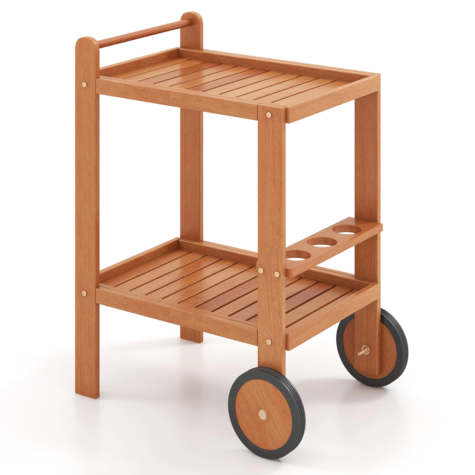 SUGIFT 2 Tier Rolling Hardwood Serving Cart with Wine Bottle Holders 44-lb Tier Capacity Natural
