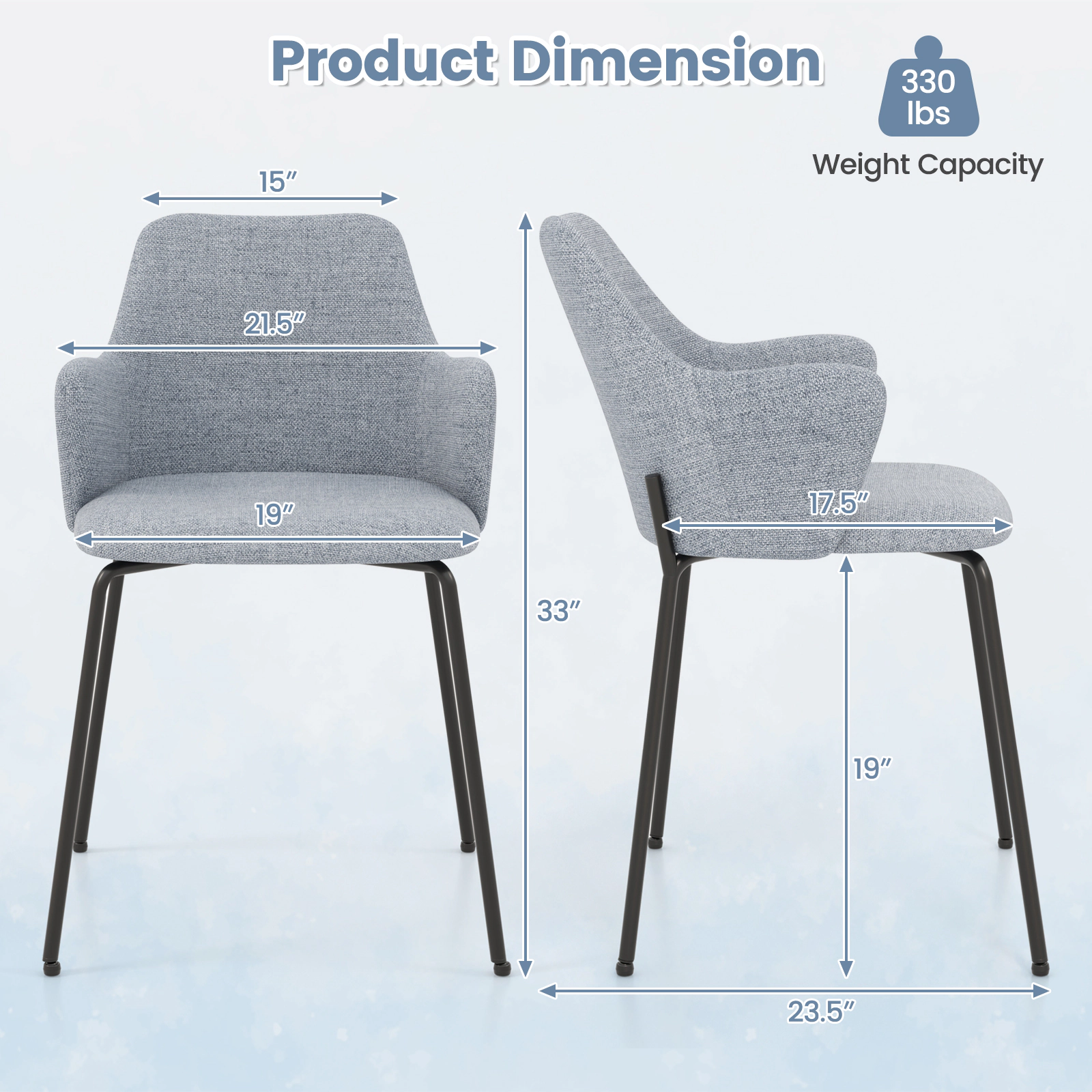 SUGIFT Gray Curved Backrest Wide Seat Armrests and Metal Frame Set of 2 Dining Chairs
