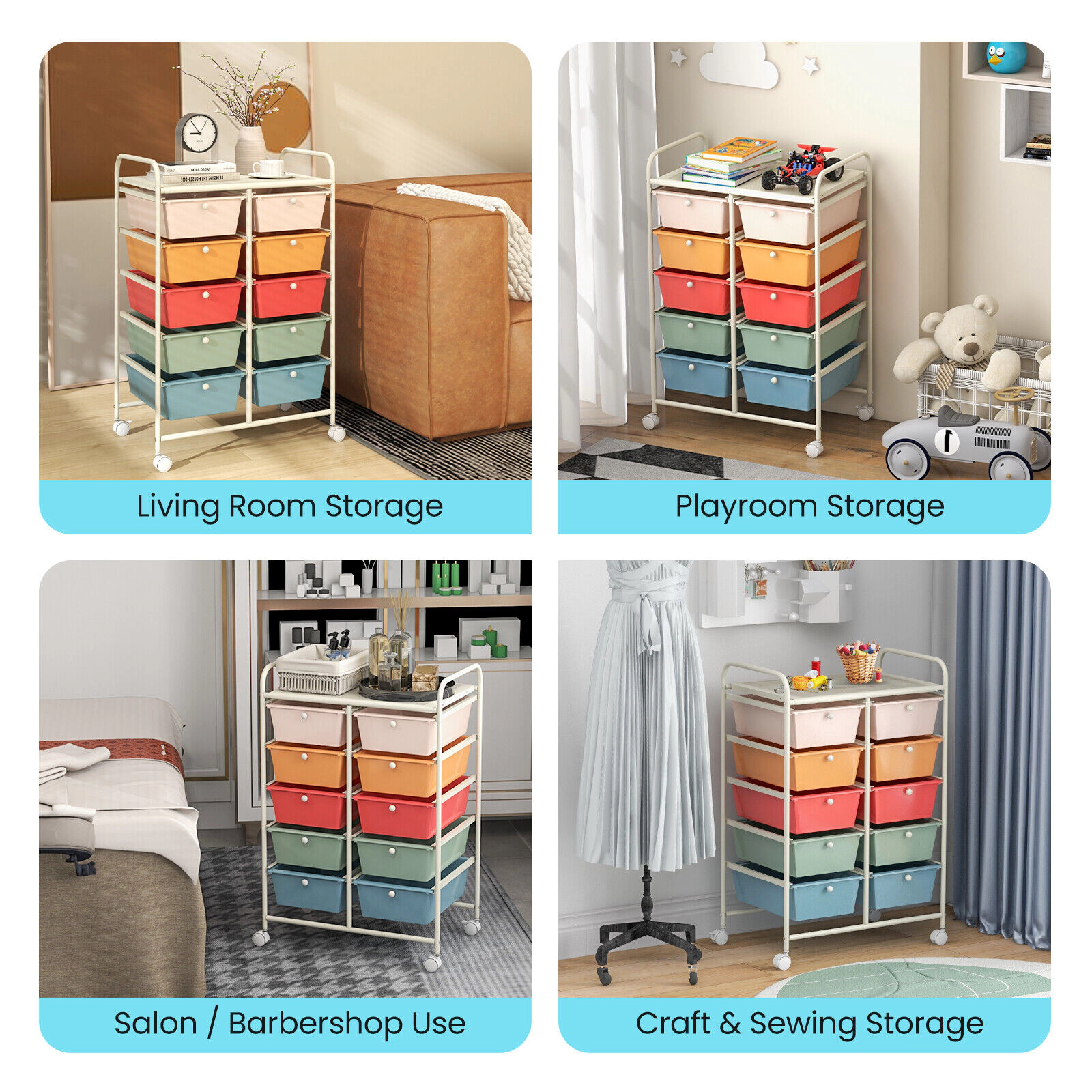 SUGIFT 26-in 10-Drawer Rolling Storage Cart Craft Organizer with 5-in Deep Drawers and Mesh Top Shelf