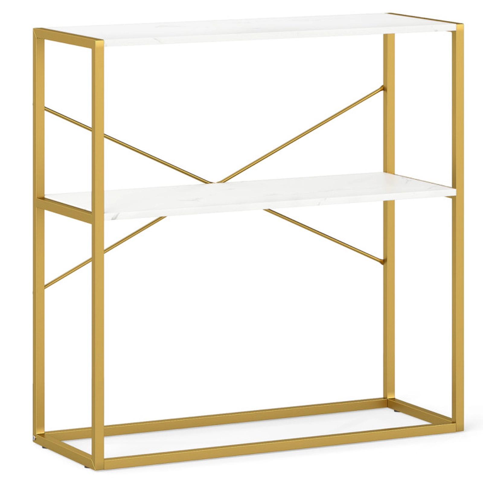 SUGIFT 2-Tier Open Shelves Gold Metal X Frame Entryway Console Table 36-in x 13-in x 36-in 66-lb per Shelf White