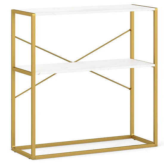 SUGIFT 2 Tier Engineered Wood Metal X Brace Open Shelf Storage Console Table In White