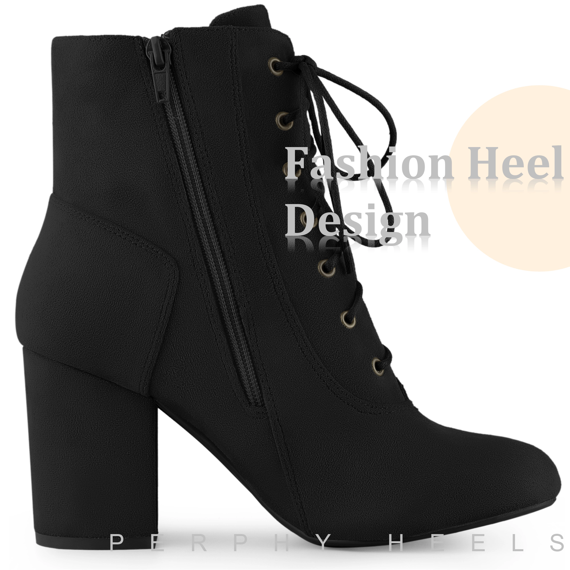 BLISSFUL STEP Women Faux Suede Round Toe Chunky High Heel Lace Up Ankle Boots