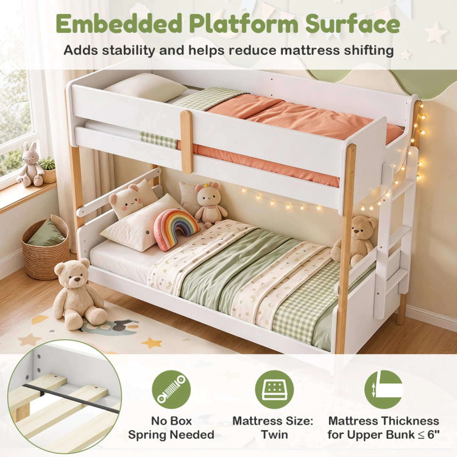 SUGIFT White Ladder Convertible to 2 Separate Beds Twin Over Twin Kids Wood Bunk Bed