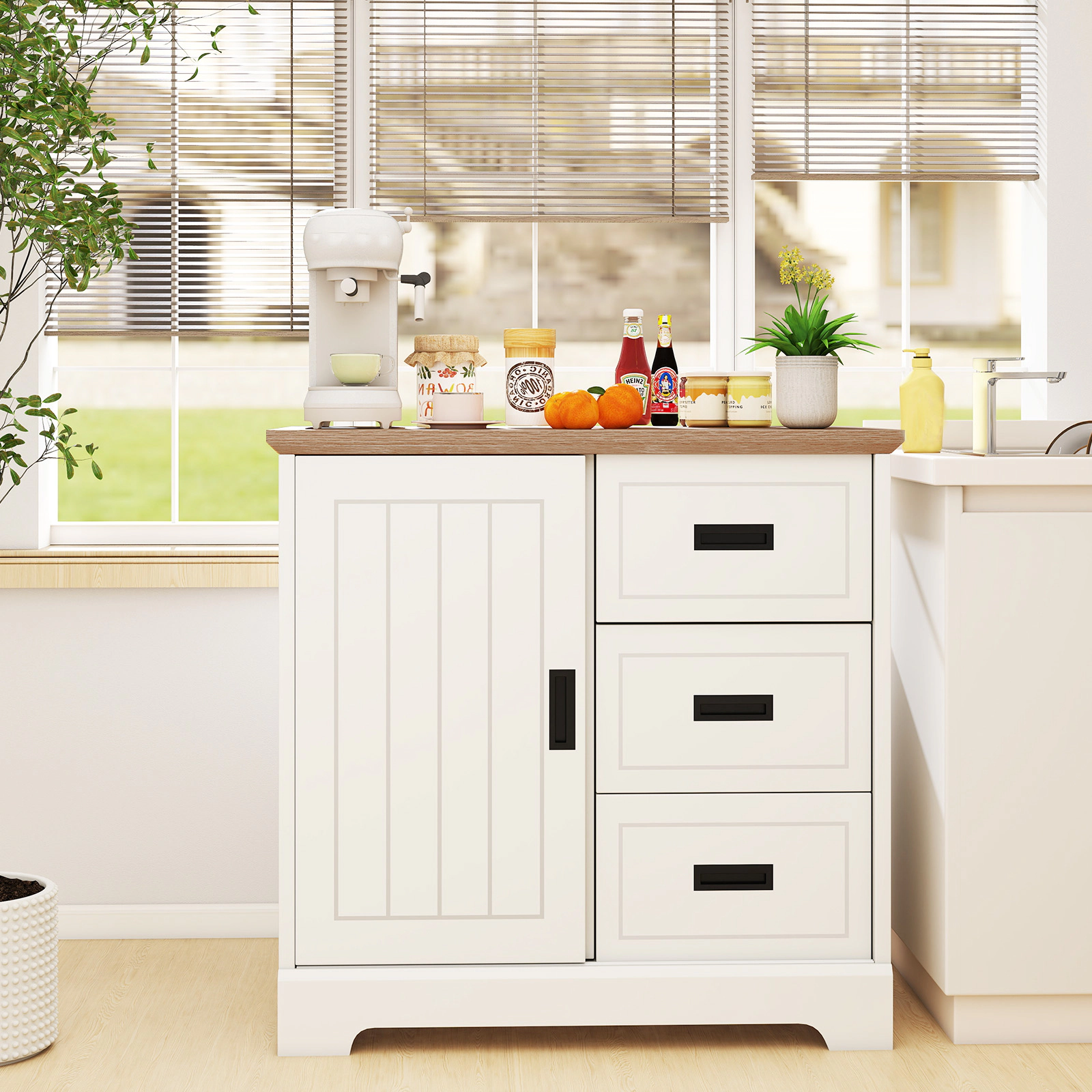 Glintex 31.5-Inch Farmhouse Sideboard with Sliding Doors and 3 Drawers, Ivory & Oak