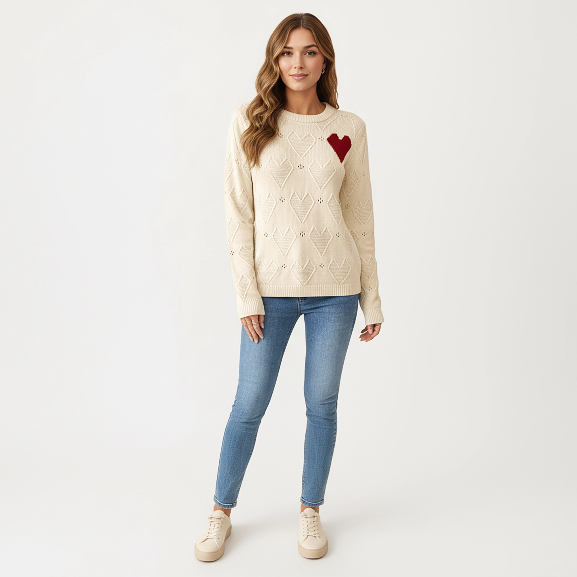 Anna-Kaci Women's Knit Top with Textured Valentine Heart Pattern and Contrast Accent Detail