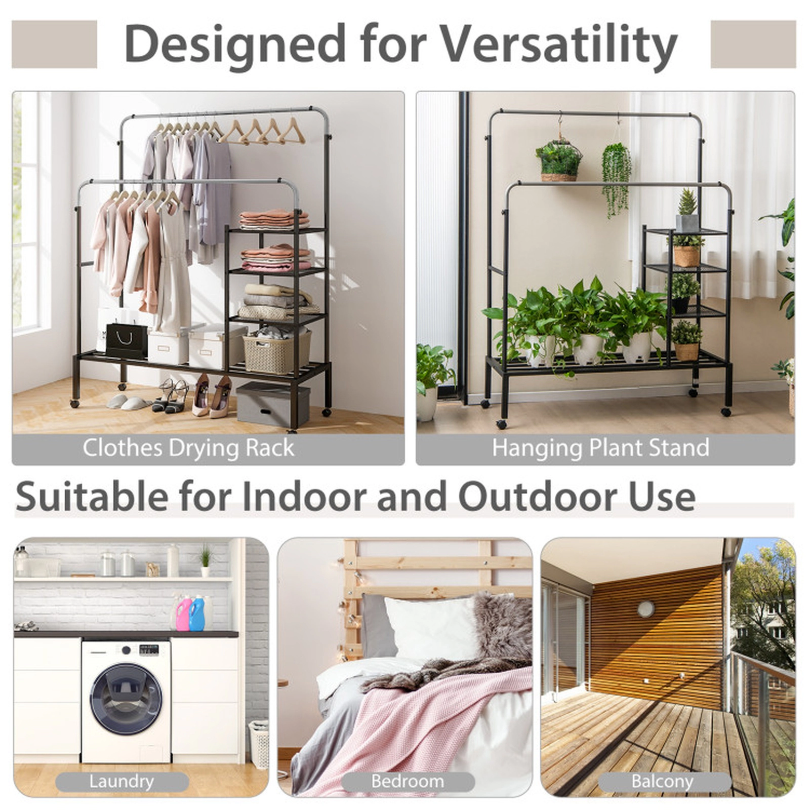 SUGIFT Rolling Double Rods Garment Rack with Height Adjustable Hanging Bars 150-lb Capacity Black + Silver