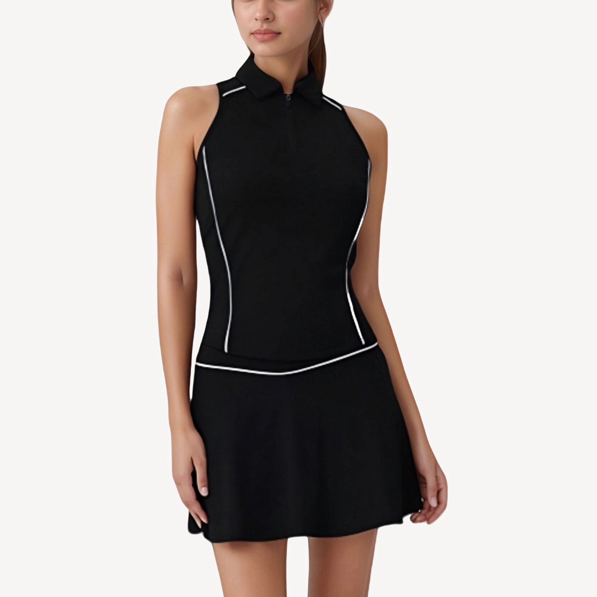 Anna-Kaci Women's Sleeveless Performance Polo Tank with Zip Neckline and Contrast Piping for Golf Tennis