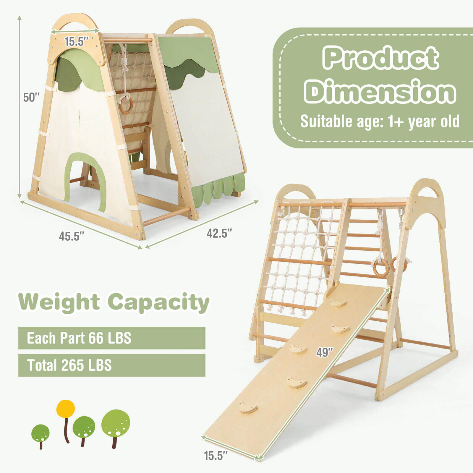 LJG 6-in-1 Wooden Kids Jungle Gym Playset with Slide Climbing Net