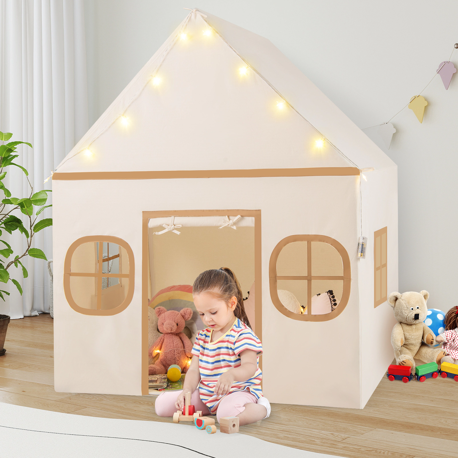 Kids Play Tent Large Indoor Playhouse for 3 Kids with Door Curtain Breathable Windows Star Lights Coffee