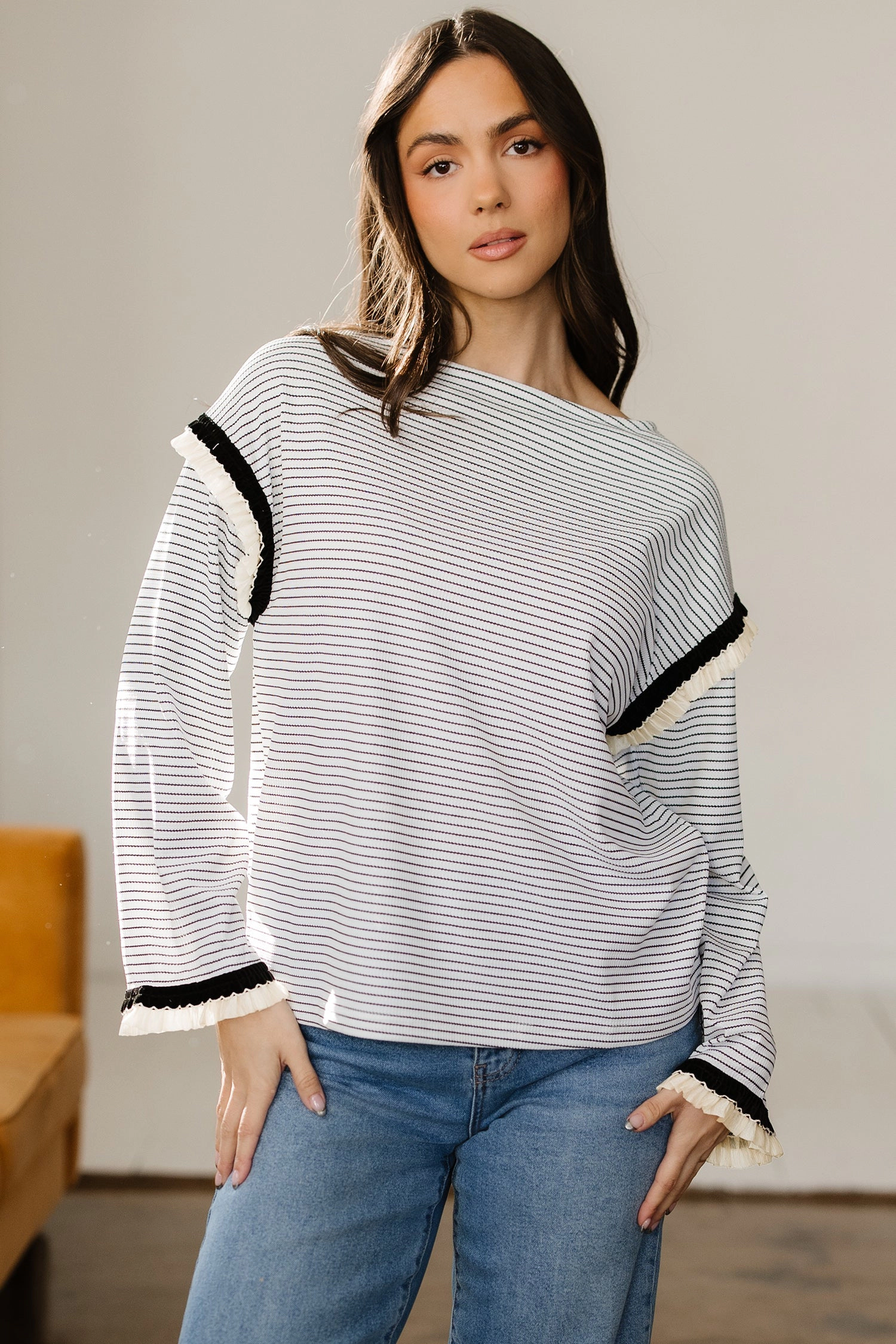 Threaded Pear Women's Anya Ruffle Trim Loose Long Sleeve Top