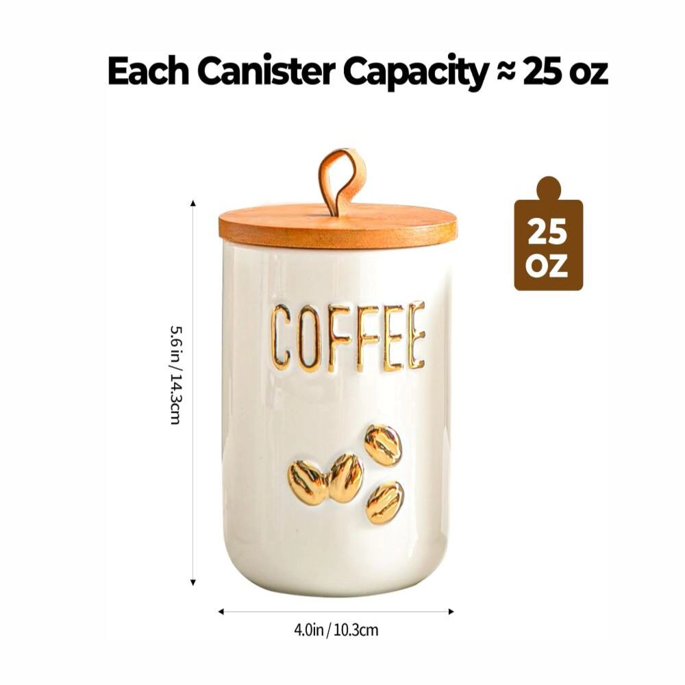 Toynee Starks Unisex Ceramic Kitchen Canister Set 25oz 3 Pack with Wooden Airtight Lids