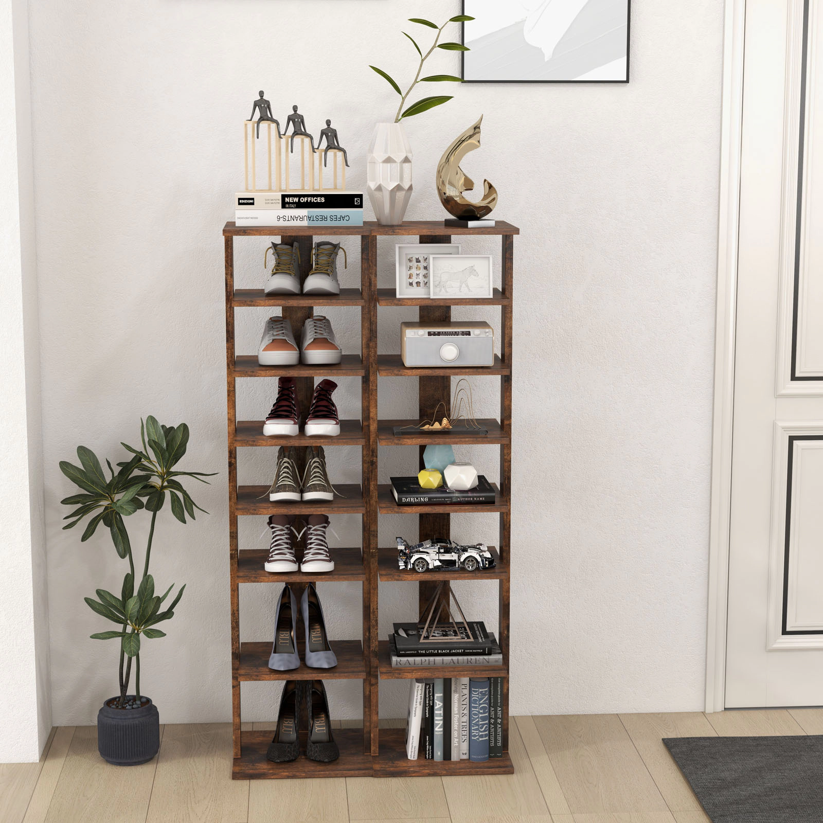 SUGIFT 7-Tier Rustic Brown 43-in Tall Narrow Vertical Wood Shoe Rack Storage Tower for Hallway Entryway