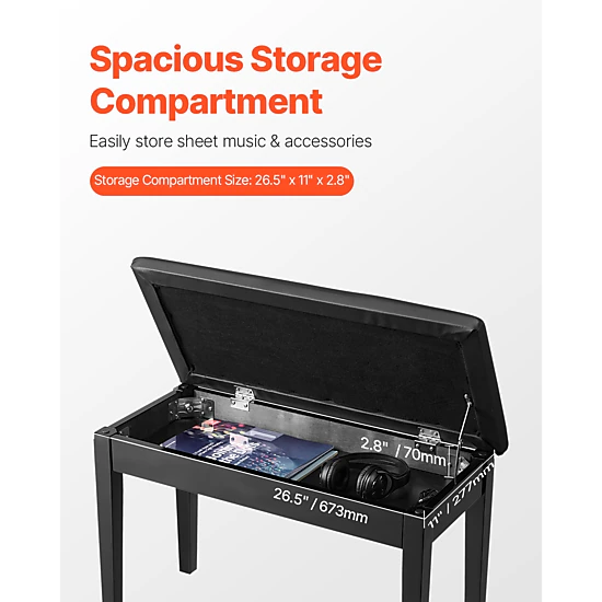 HONGGE Piano Bench, Keyboard Piano Chair with Padded Cushion, Storage Compartment for Music Books