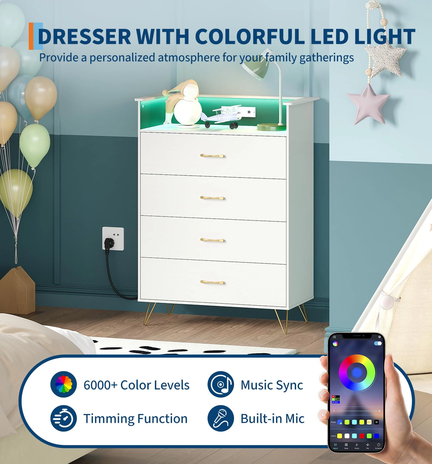 4 Drawer Dresser with Power Outlets & RGB LED Lights, Tall Modern Wood Storage Chest App Control