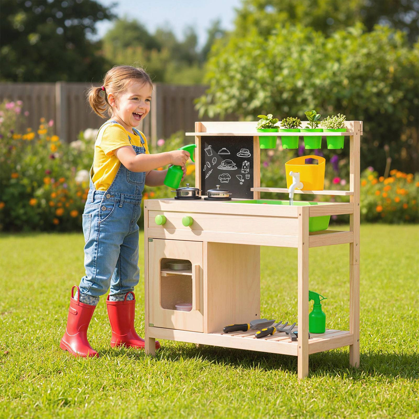 LJG Kids Mud Kitchen Play Pretend Kitchen with Chalkboard for Kids Aged 3+