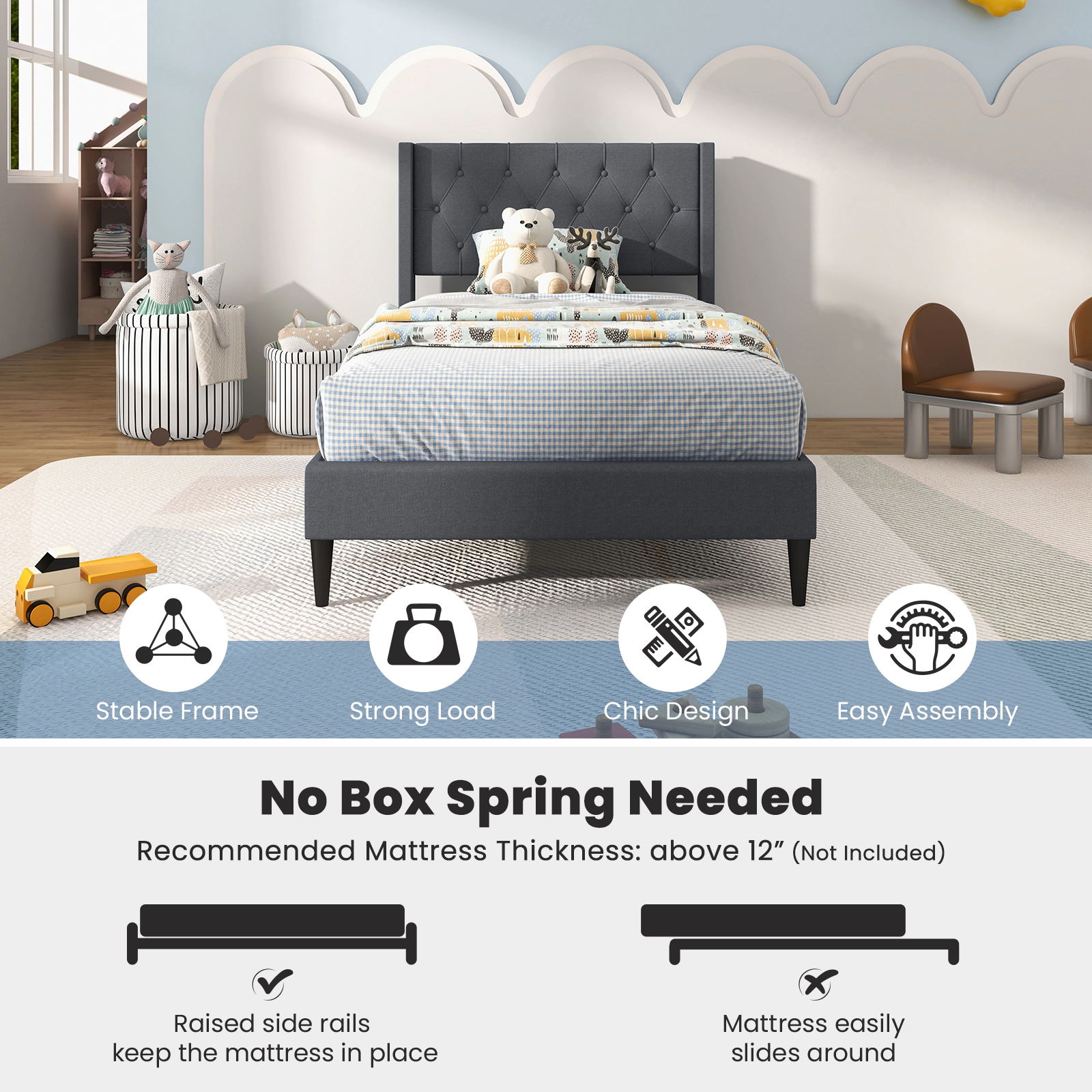 SUGIFT Button Tufted Wingback Upholstered Twin Platform Bed Frame Headboard 290-Lb Capacity 76-in Length 6-in Under-Bed