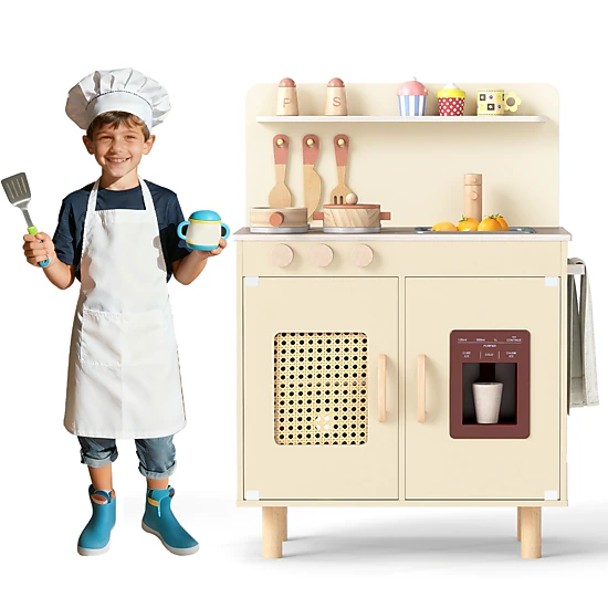 LJG Kids Wooden Pretend Kitchen Playset with Realistic Ice Maker