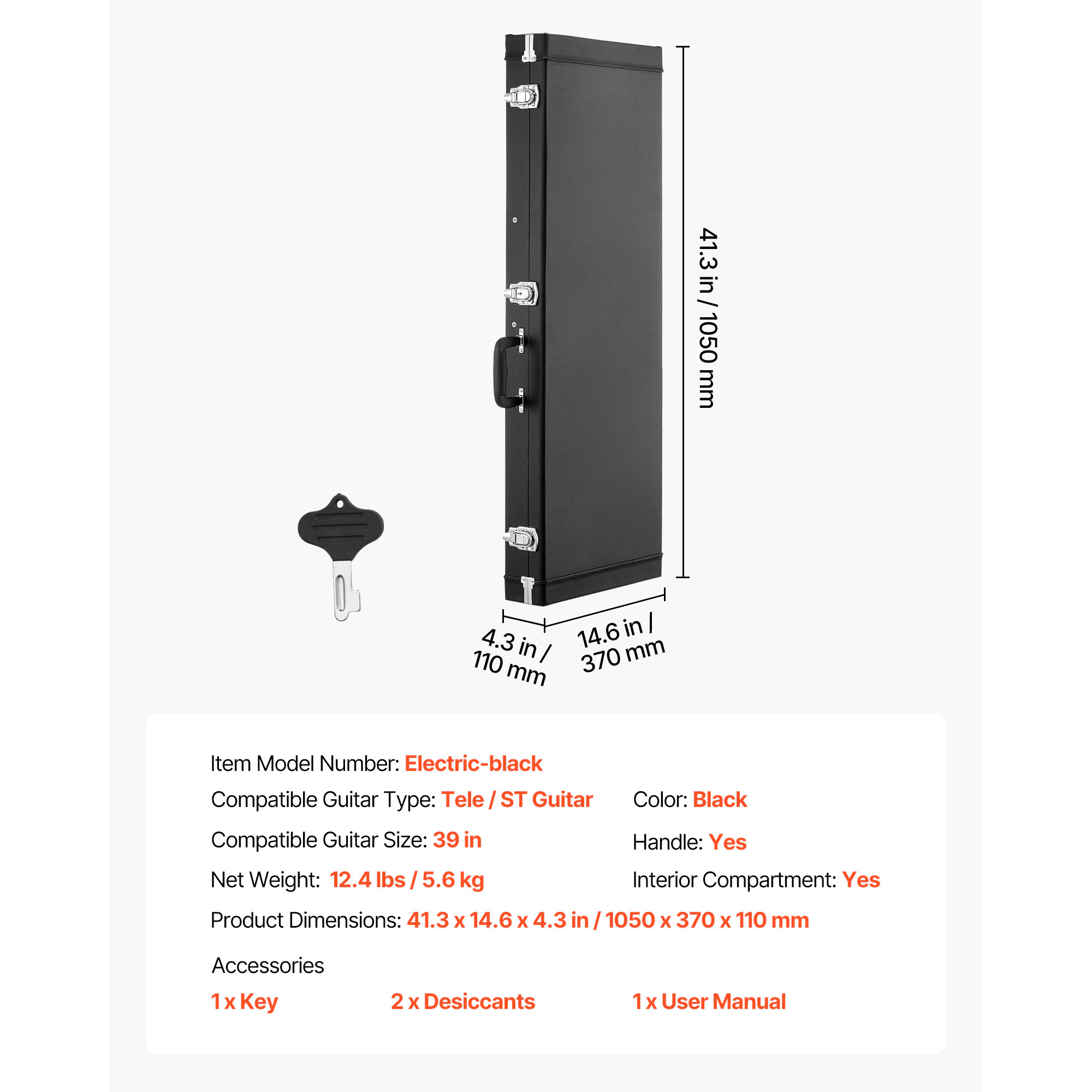 HONGGE Electric Guitar Hard Case 41.3 Inch Rectangle Wooden Hard-Shell Protective Carrying with Lock Latch Padding