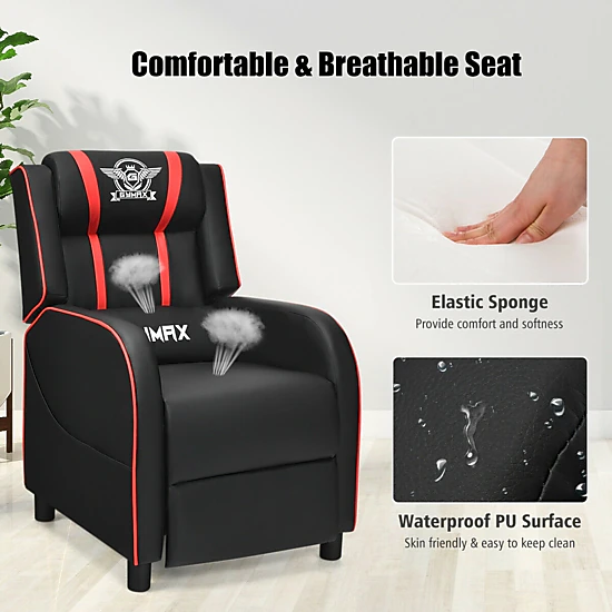 SUGIFT Red Gaming Recliner Chair with Lumbar Massage and Extendable Leg Rest