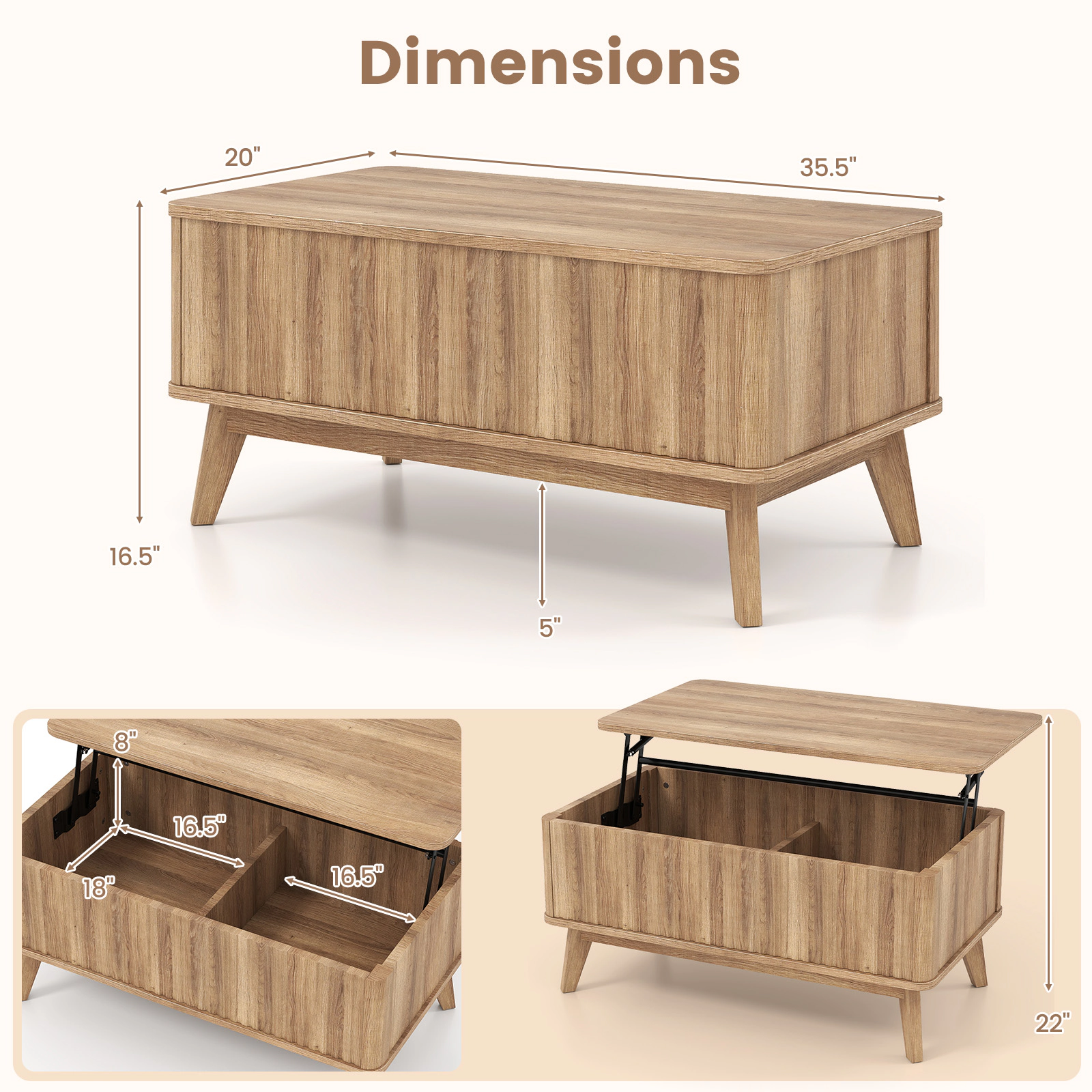 Glintex 35.5-Inch Fluted Lift-Top Coffee Table with Divided Hidden Storage, Walnut