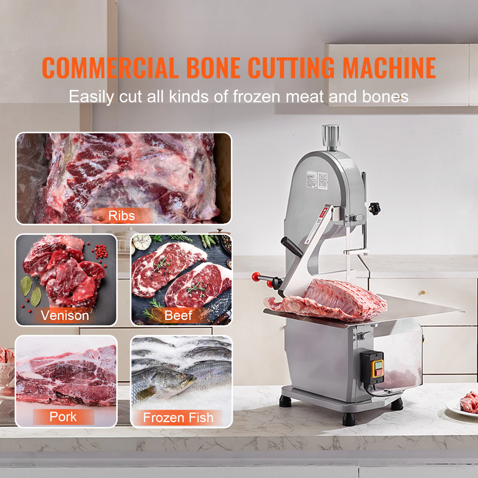 HONGGE Commercial Electric Meat Bandsaw Stainless Steel Countertop Bone Sawing Machine Workbeach Cutting Thickness