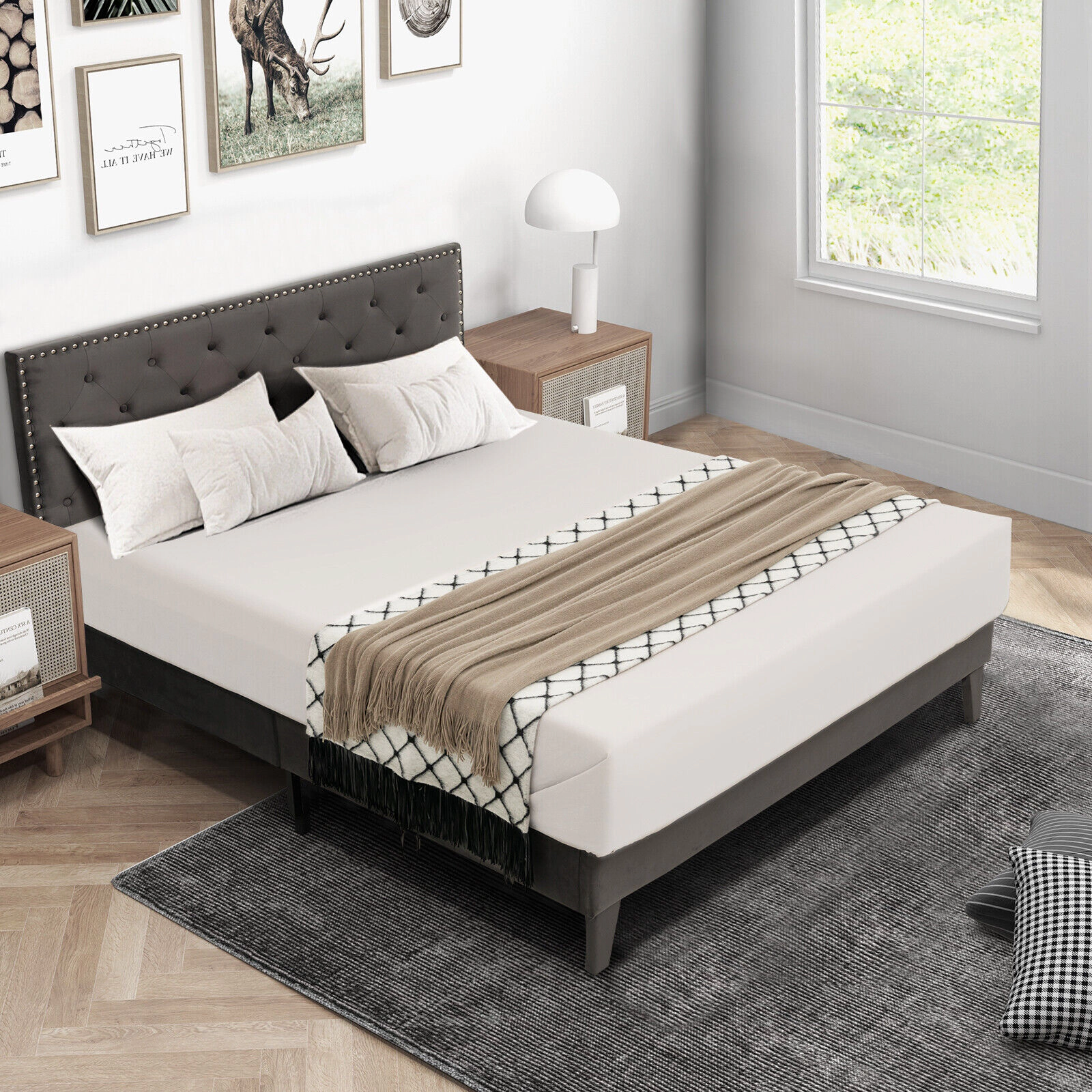 SUGIFT Queen Upholstered Platform Bed, Tufted Velvet Headboard, Metal Frame, 9 Legs, Gray