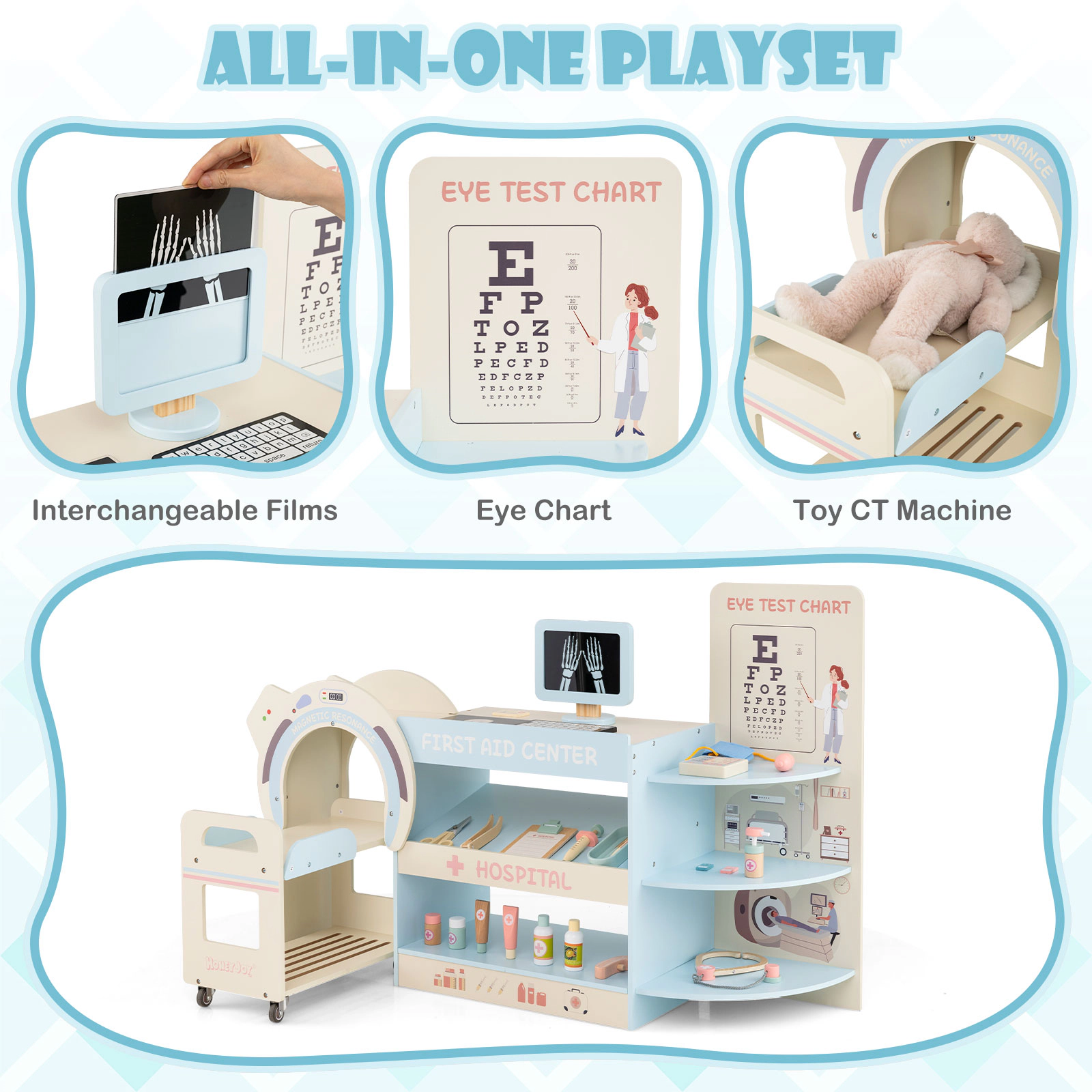 Hivvago Kids Doctor Play Set Wooden Pretend Hospital Office Kit with Eye Chart Toy CT Machine
